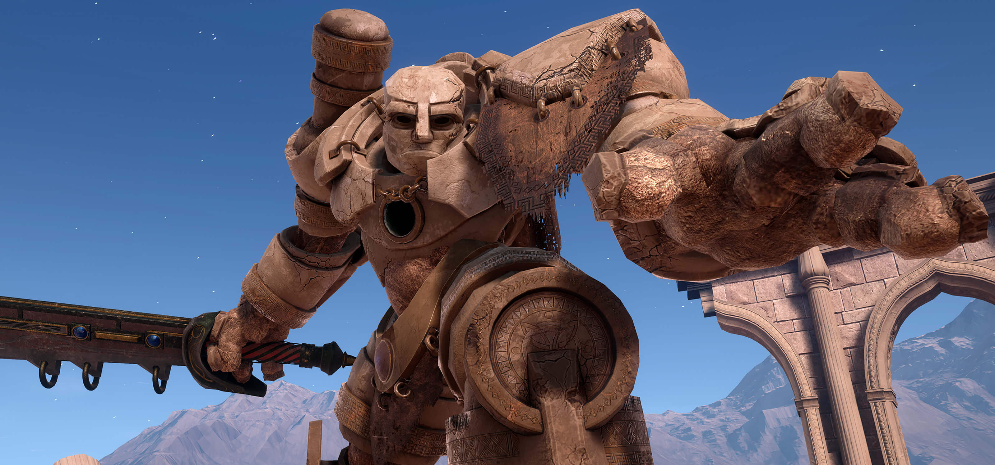 Screenshot of a huge stone creature called a golem wielding a sword