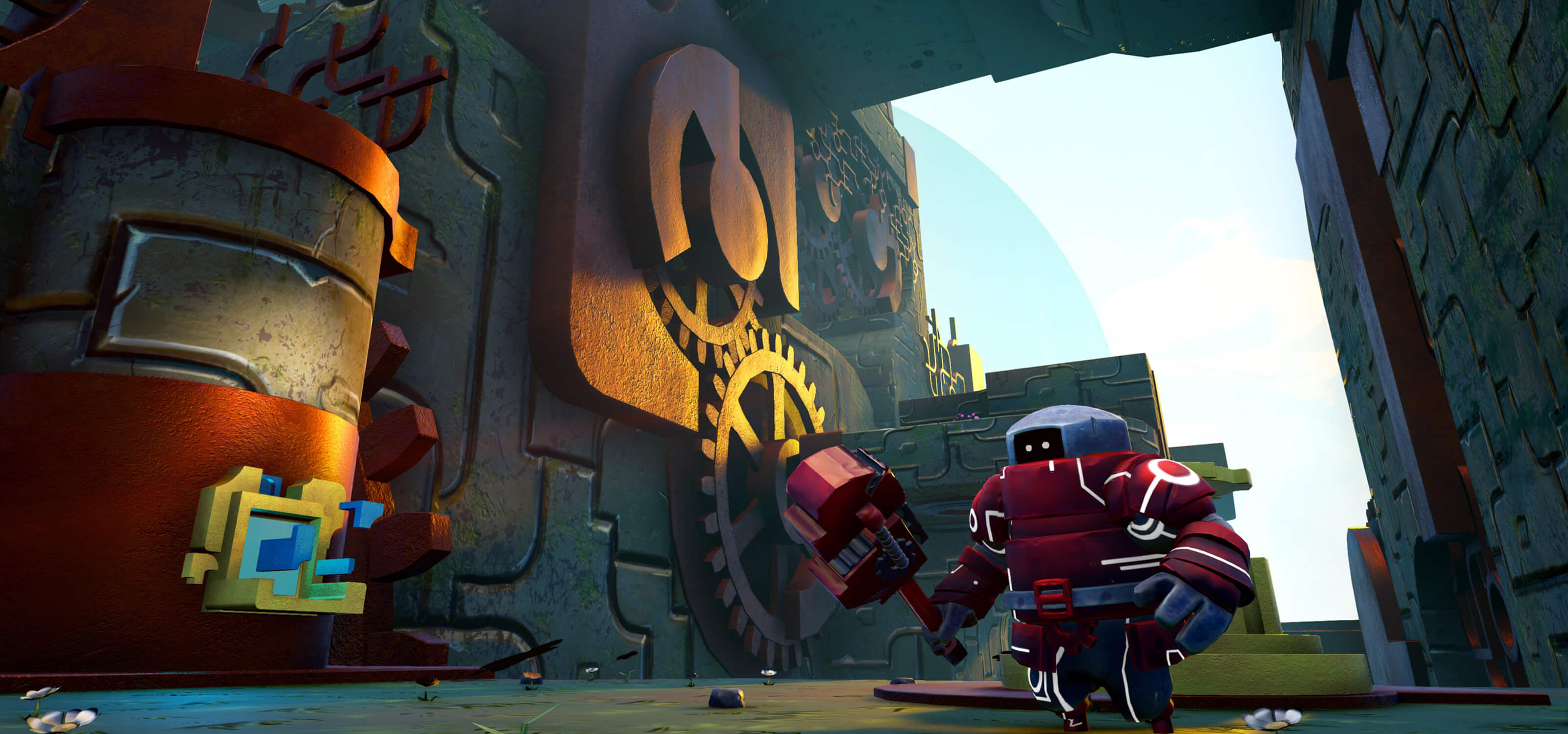 A red robot wielding a wrench in a clockwork machine