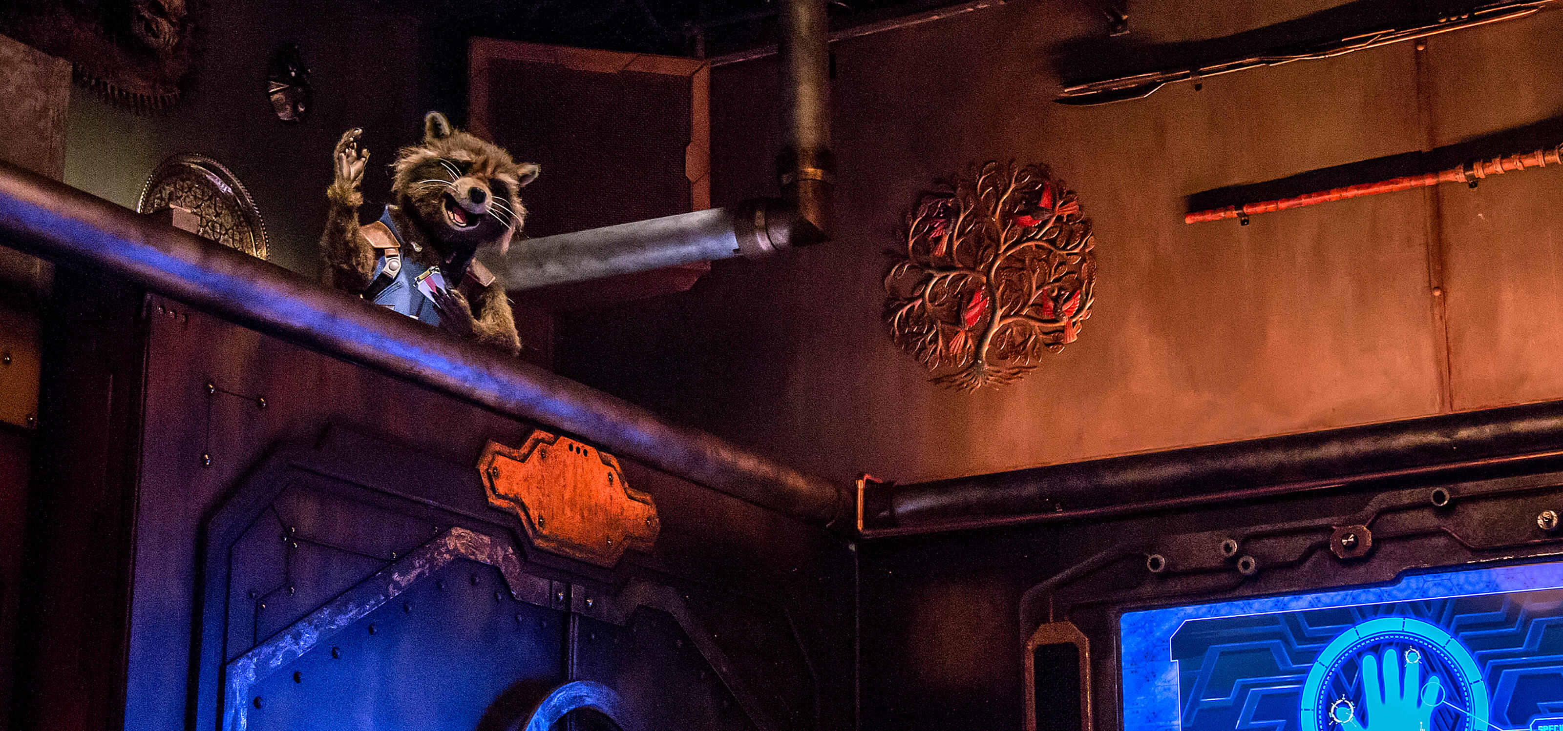 Audio-animatronic Rocket Raccoon welcomes riders to the Guardians of the Galaxy: Mission Breakout at Disney's California Adventure theme park