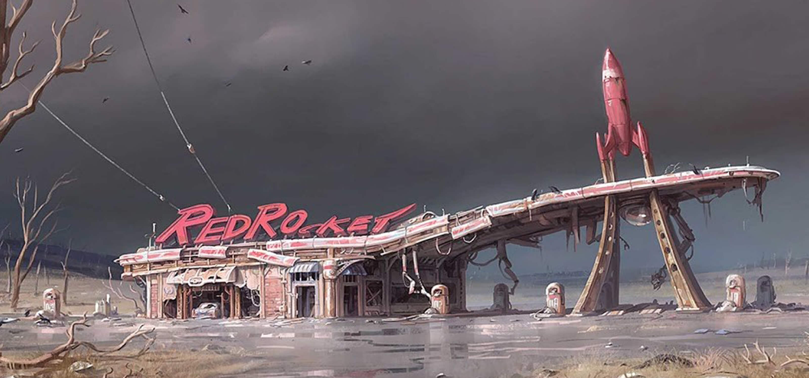 Illustration of the Red Rocket gas station in the post-apocalyptic wasteland of Fallout 4 by DigiPen grad Ilya Nazarov