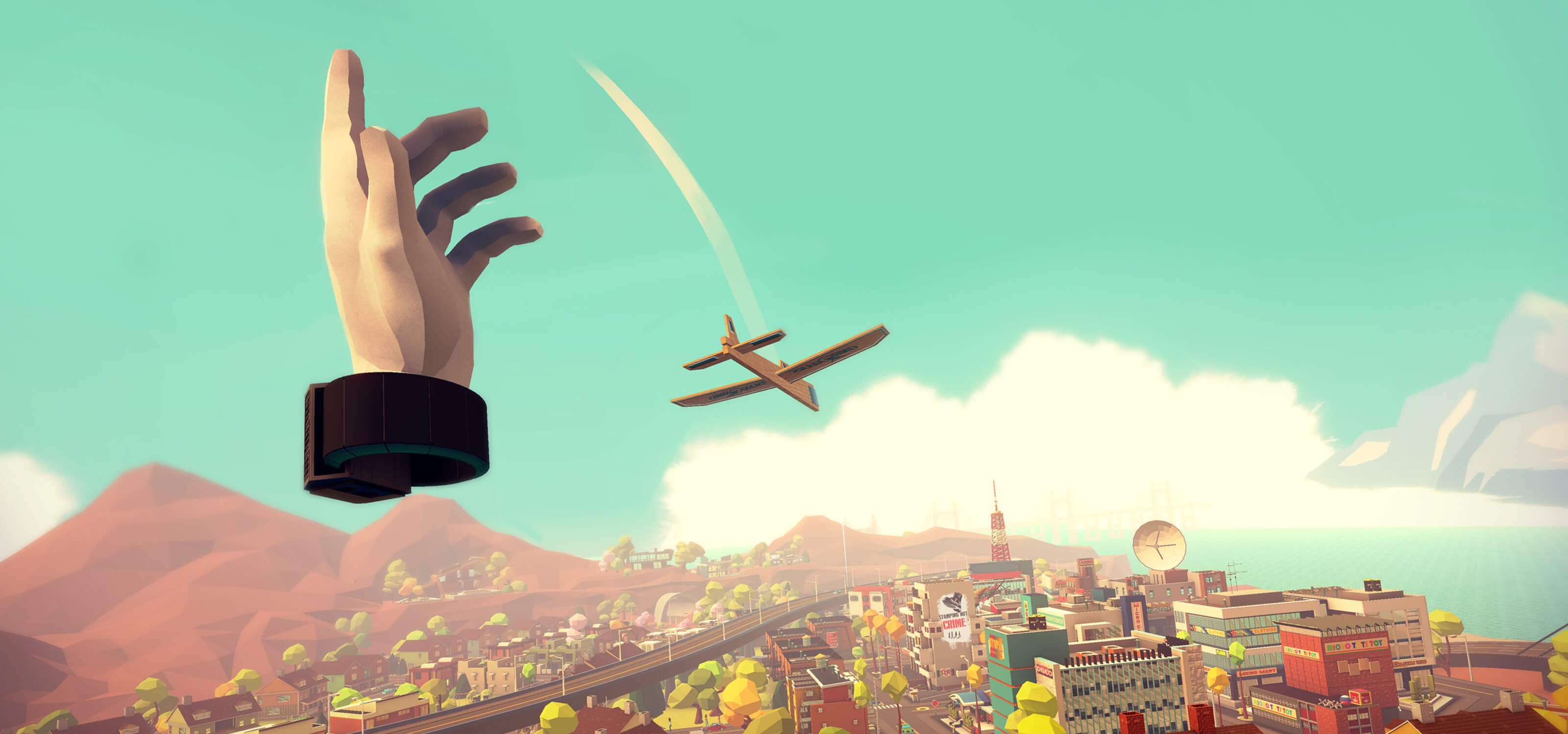 Screenshot from Giant Cop of a huge detached hand flinging a wooden airplane through the air