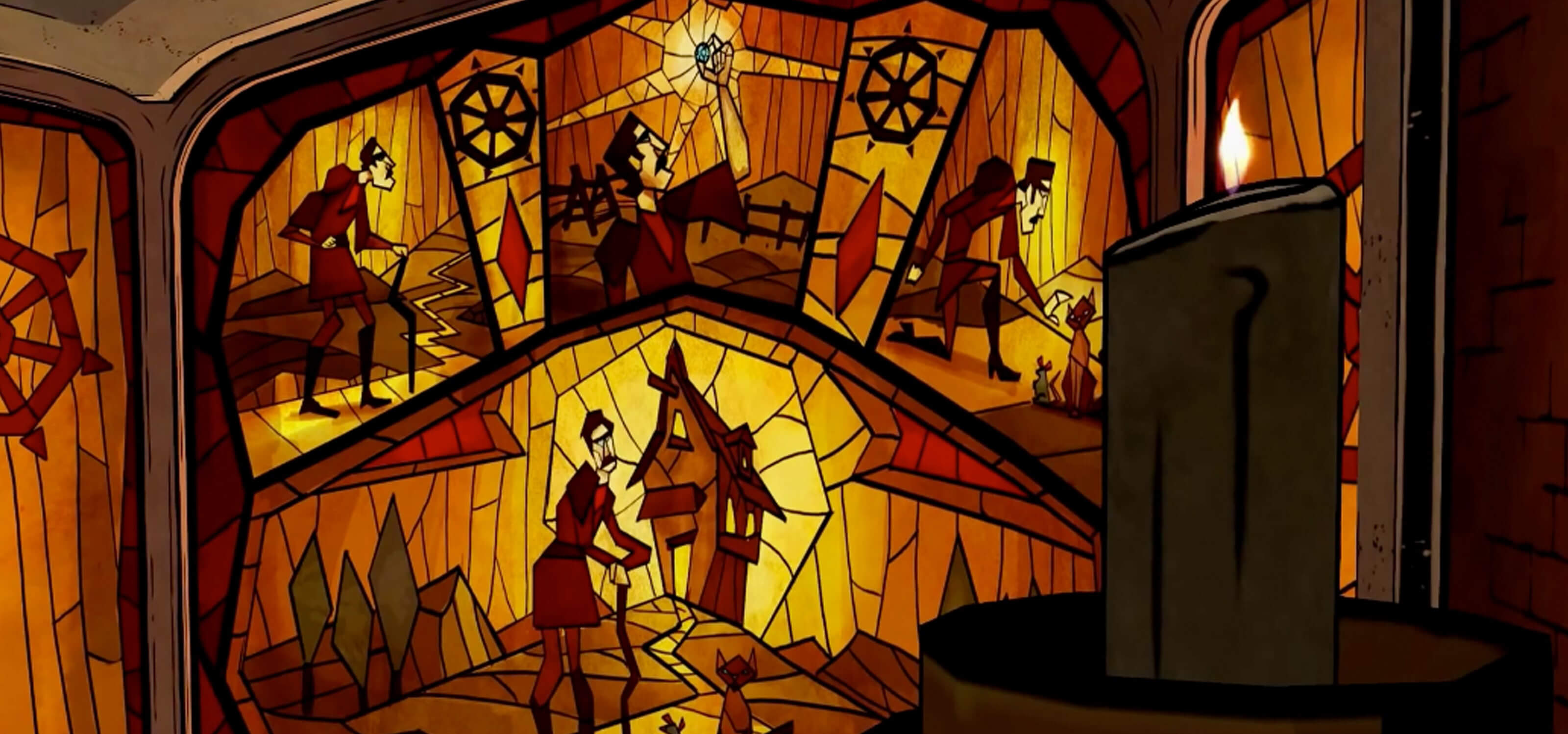 Screenshot of a stained glass window telling the backstory of villain The Crooked Man from The Wolf Among Us