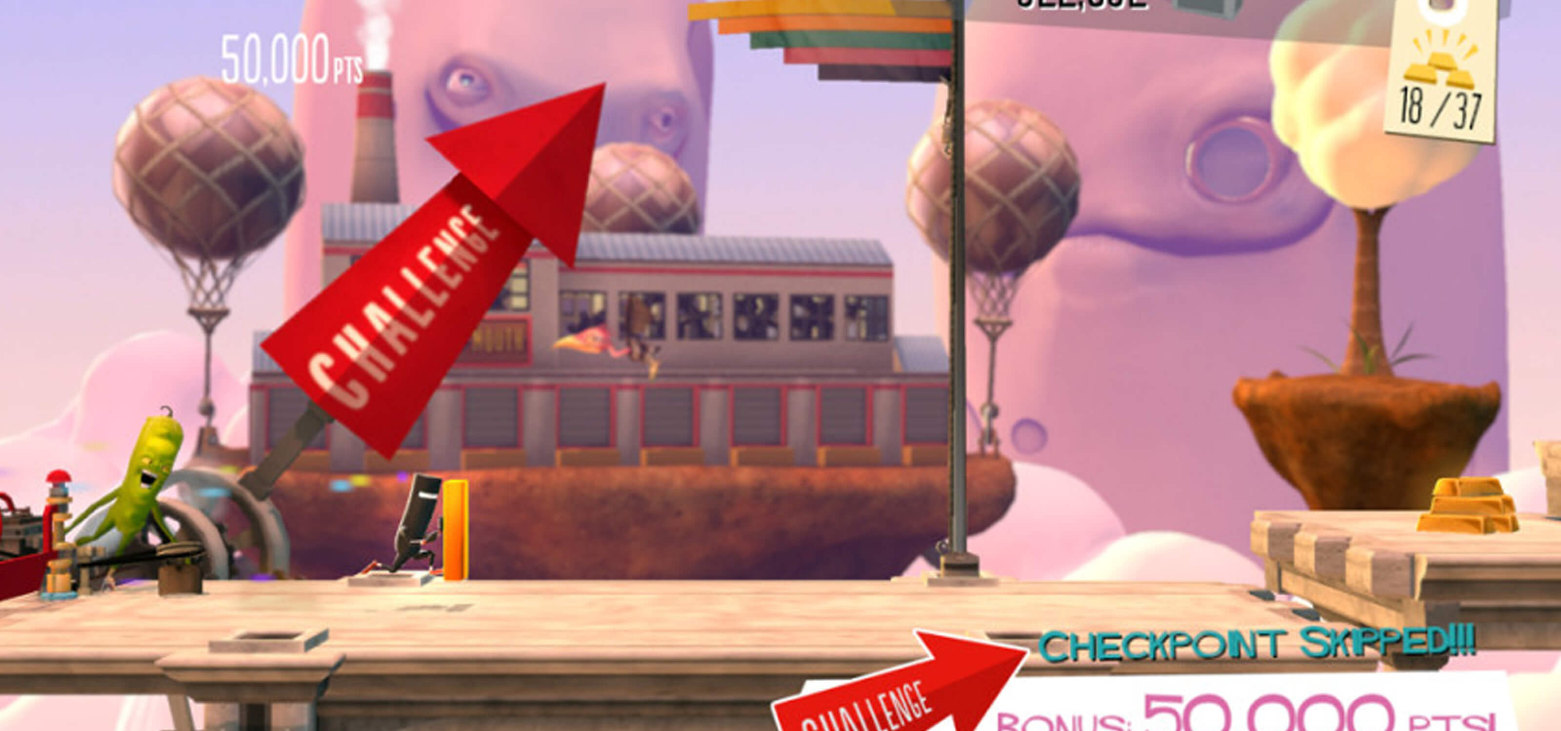 Screenshot of the Cumulonimbus Conundrum level from Bit.Trip Runner 2, where buildings are suspended in air from balloons