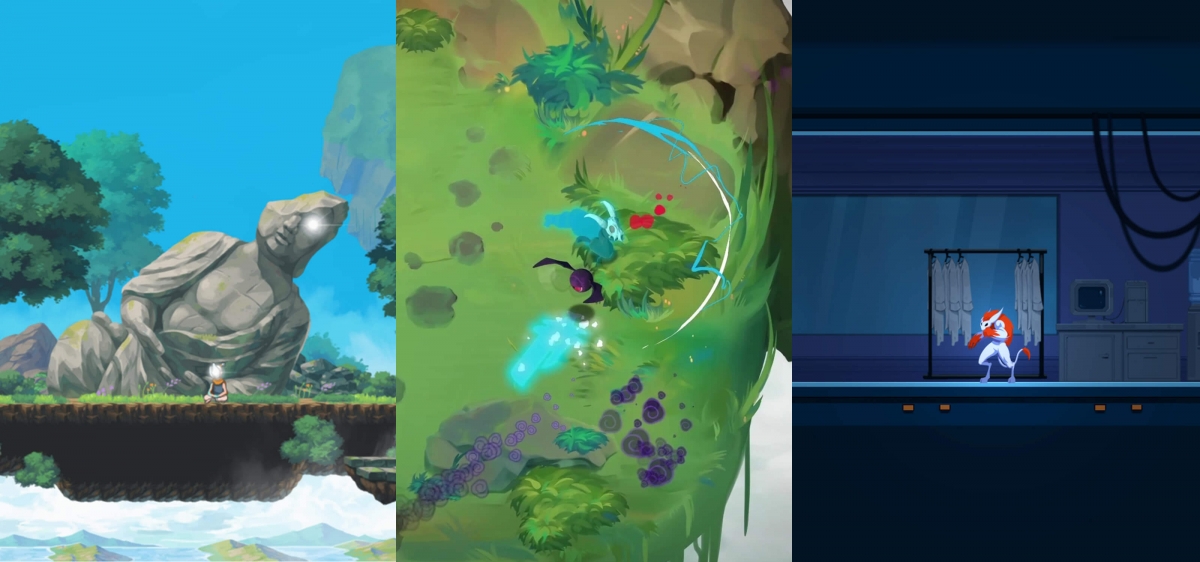 Three side-by-side screenshots taken from DigiPen student games Arc Apellago, Isles of Limbo, and Nohra.