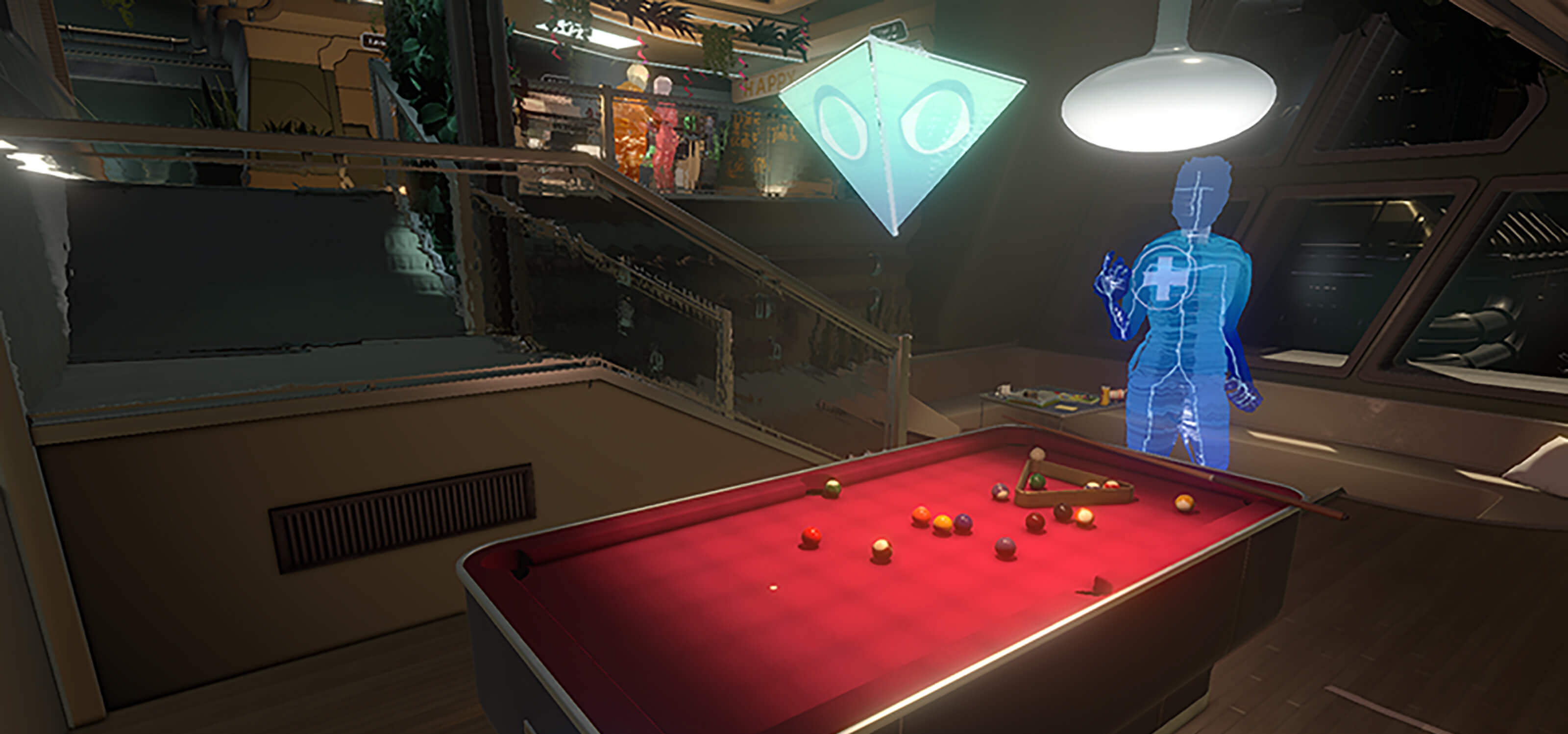 A faceless character plays pool in this screenshot from the Fullbright Company's game Tacoma