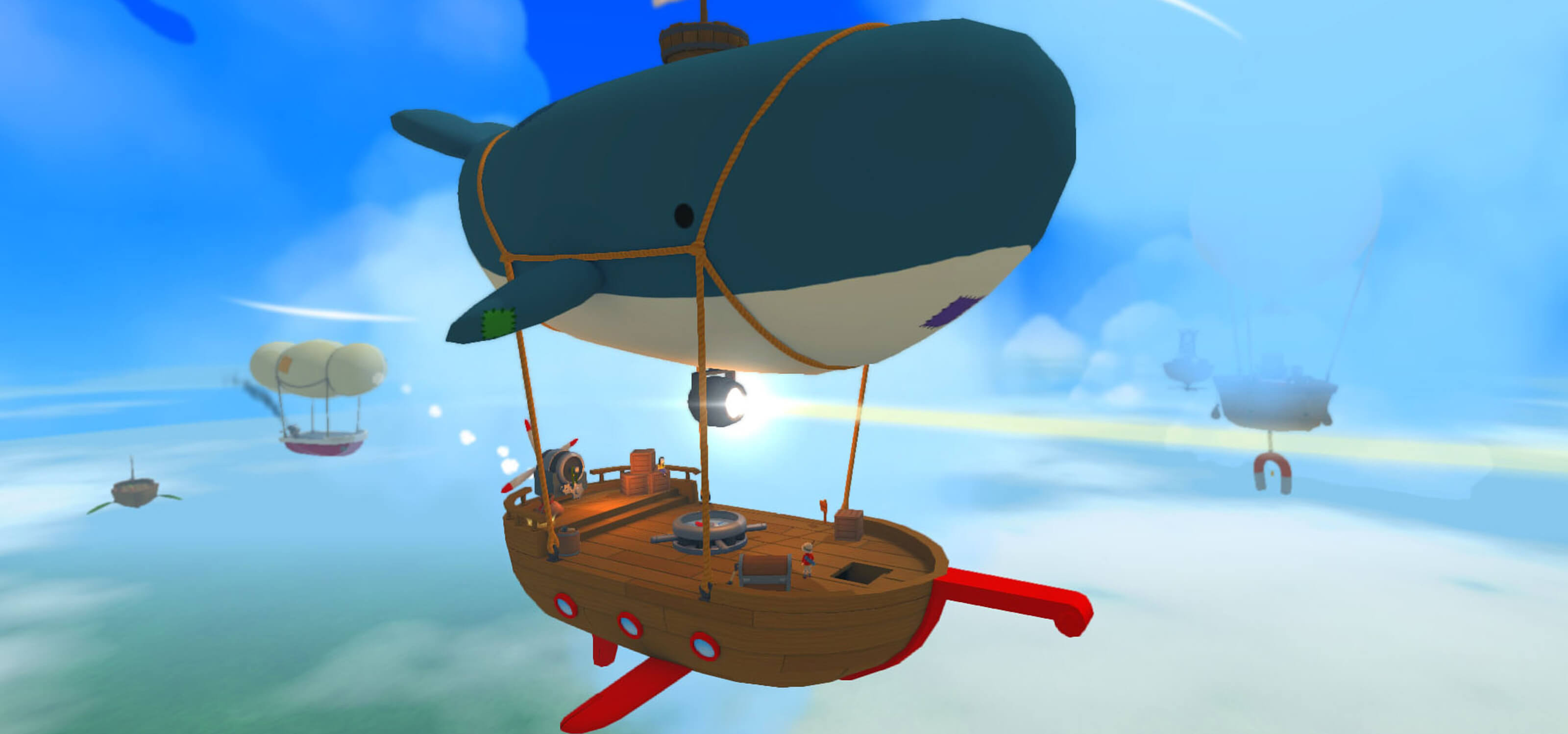 Screenshot from PolyKid Games' Poi, featuring a floating ship dangling from a whale-shaped balloon