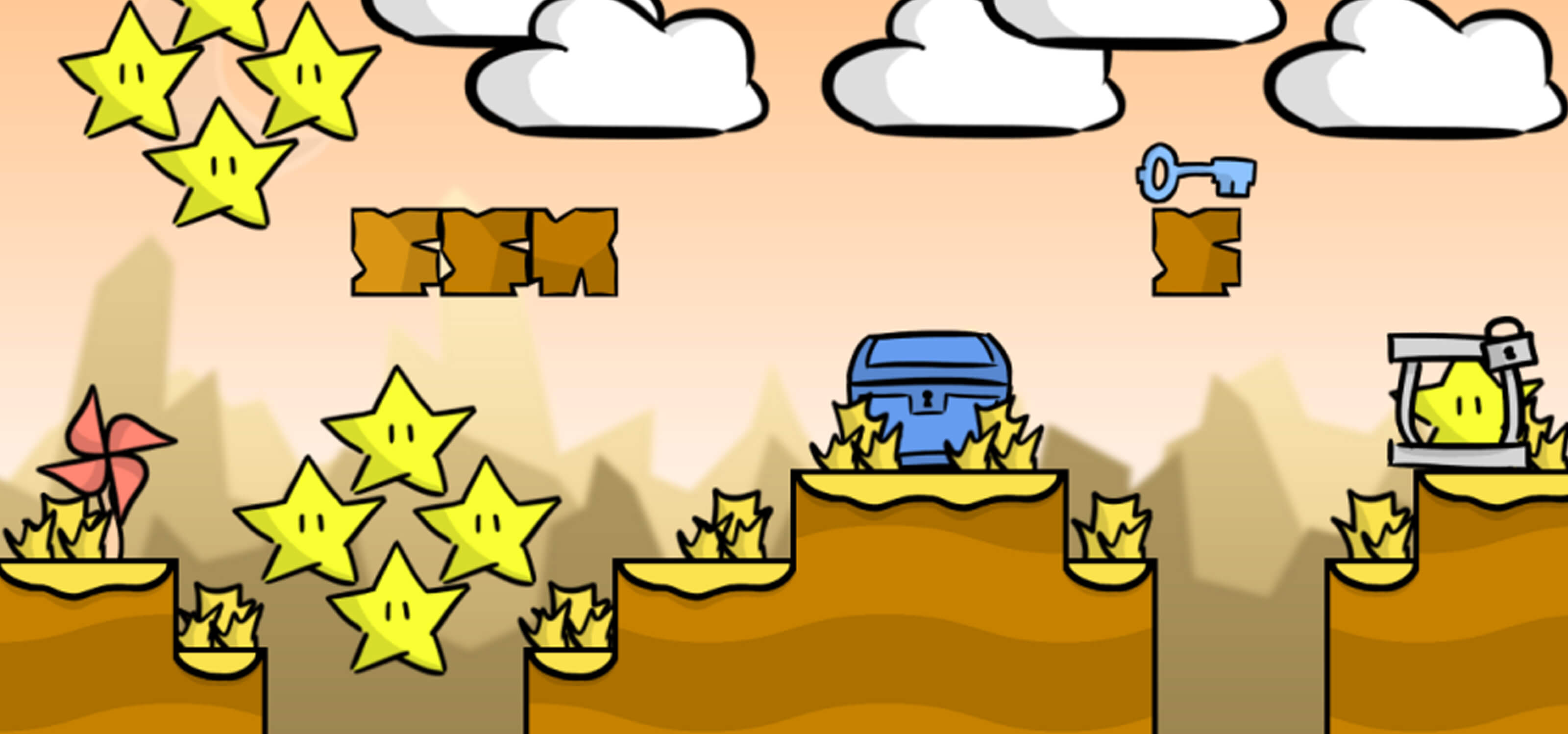 Screenshot from Star Thief featuring a treasure chest, white puffy clouds and lots of yellow stars waiting to be stolen