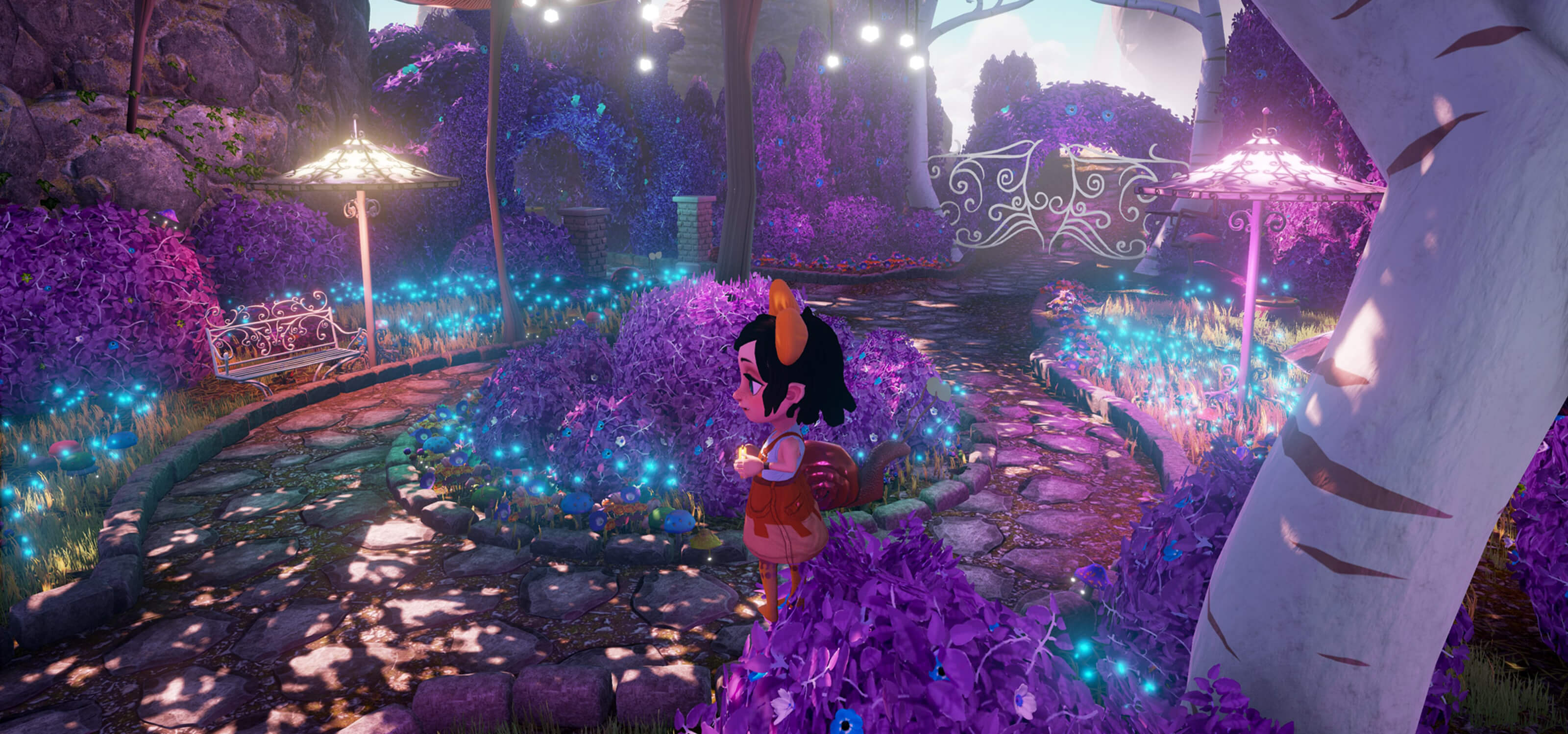 Screenshot from DigiPen student game Somnus of Melanie, a young girl in a magical garden rendered in shades of purple