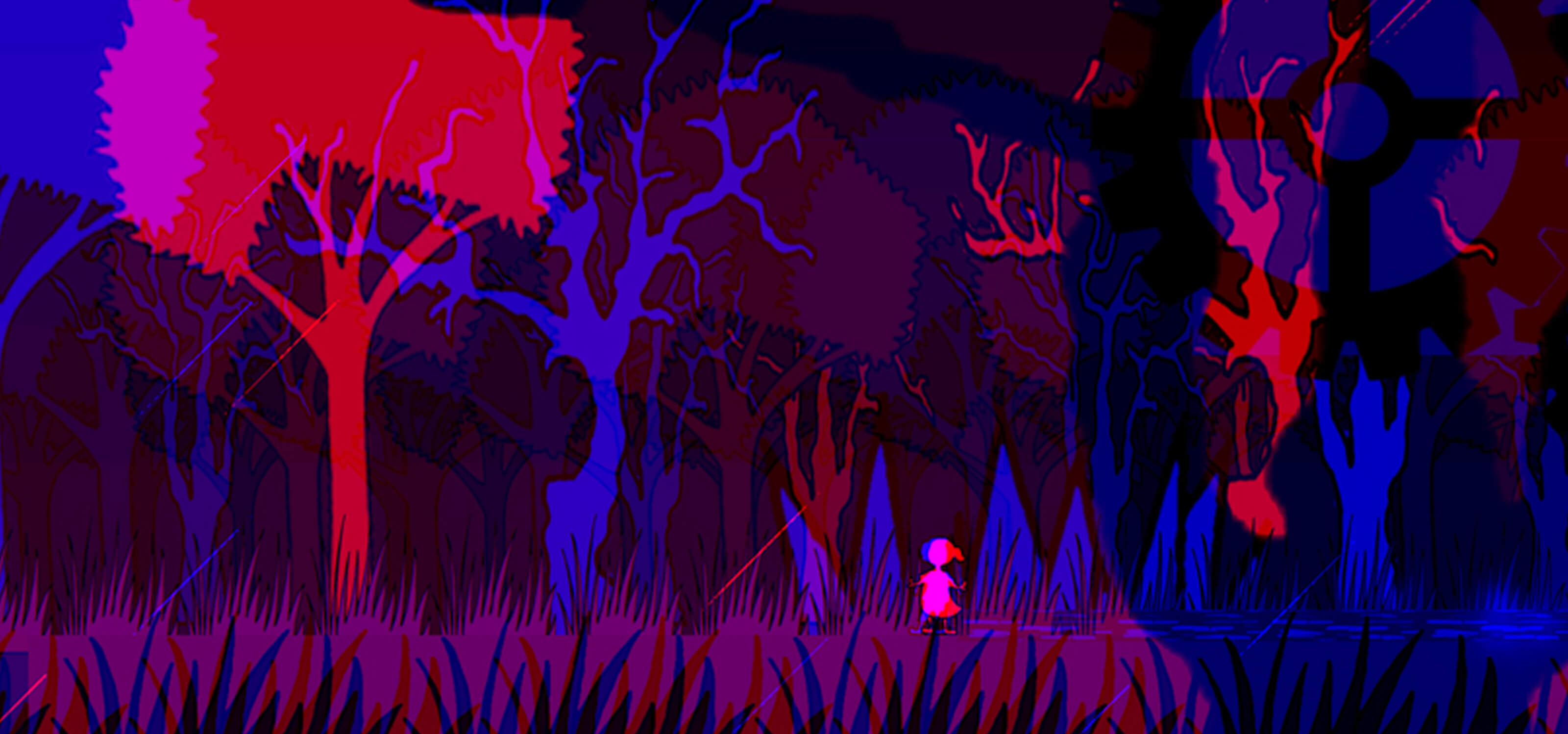 Screenshot from DigiPen student game Sunder of a small girl in a forest of blue, red and purple trees