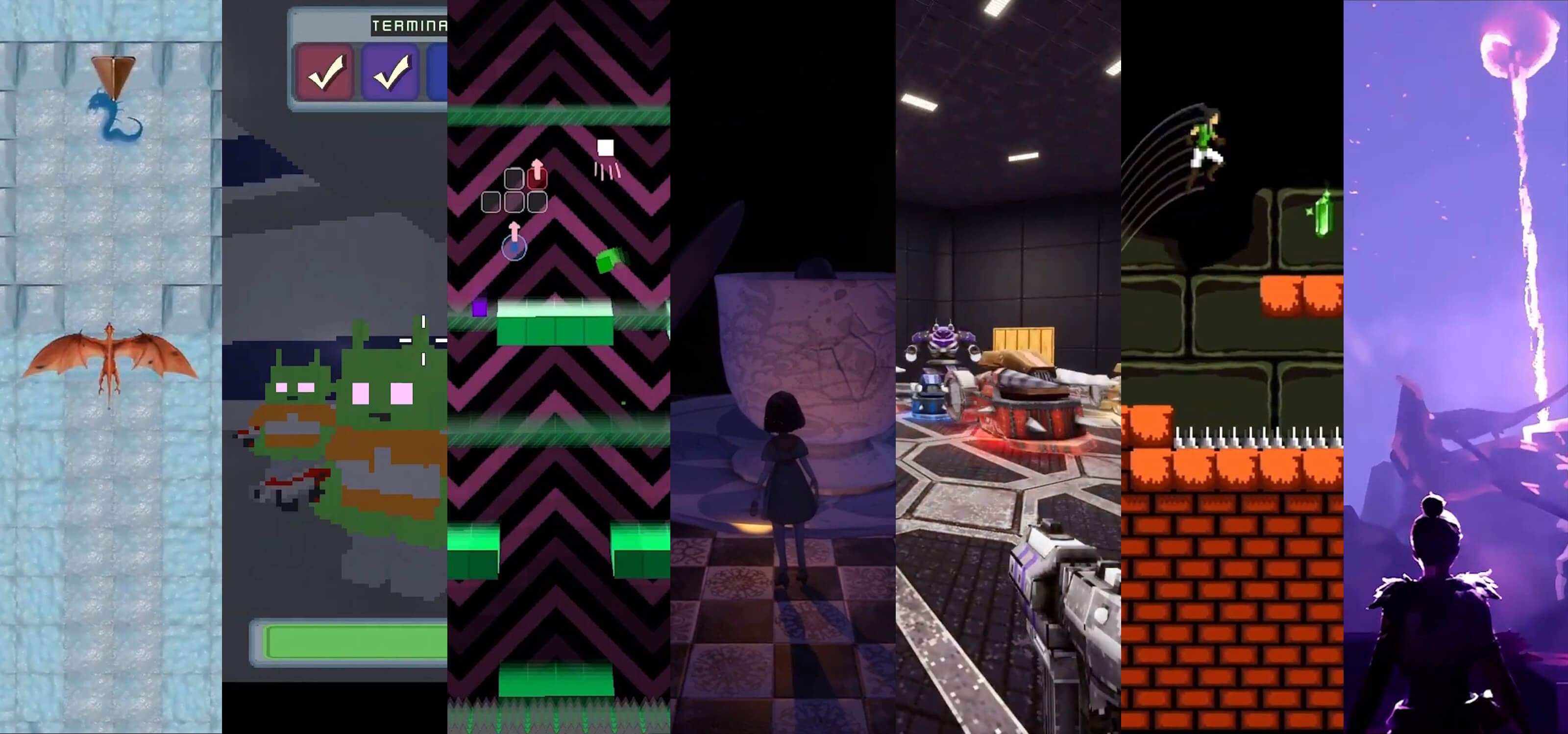 Collage of images from game screenshots, including a dragon, porcelein doll, blocks, and aliens.