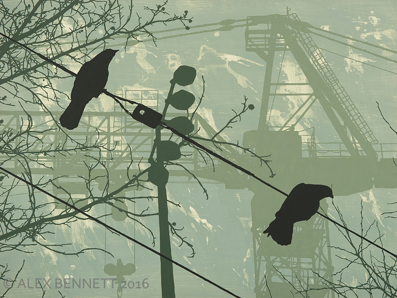DigiPen MFA student Alex Bennett's painting of crows on a telephone wire with a construction crane in the background