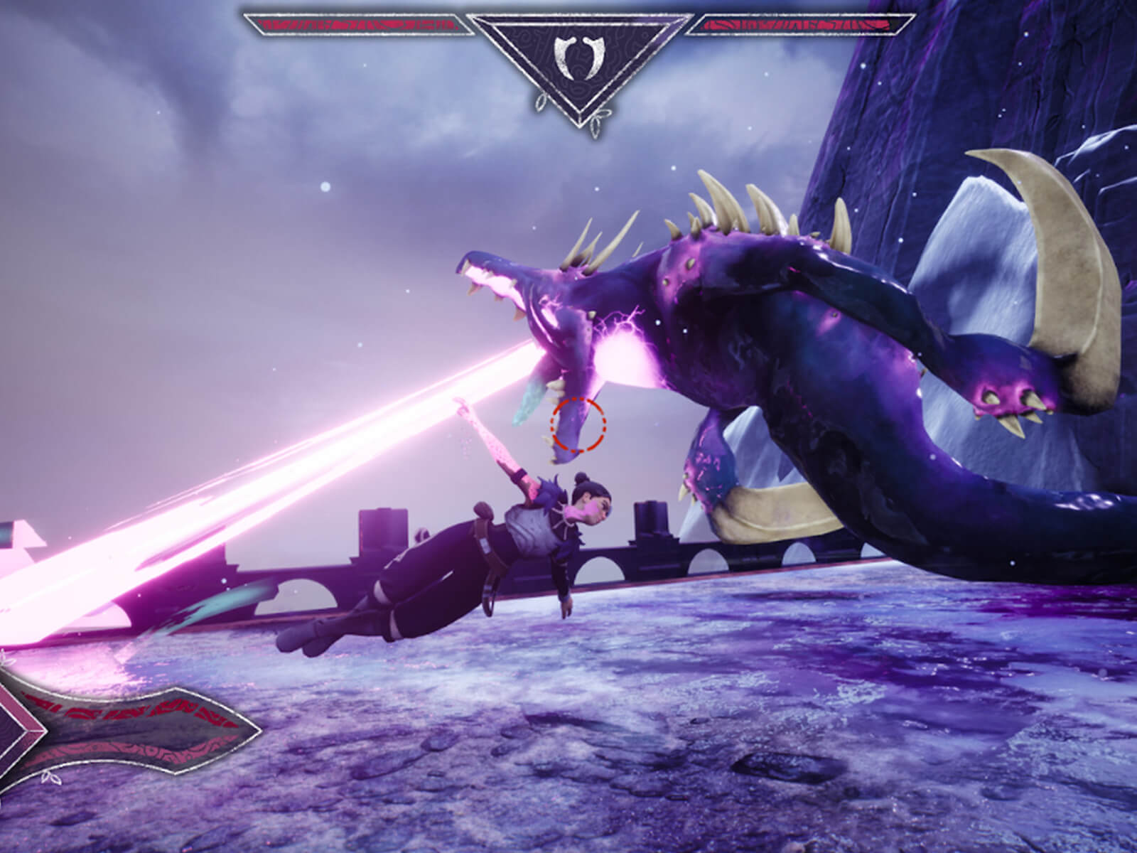 Cyrah dashes past a large spiky enemy shooting a beam from its mouth.
