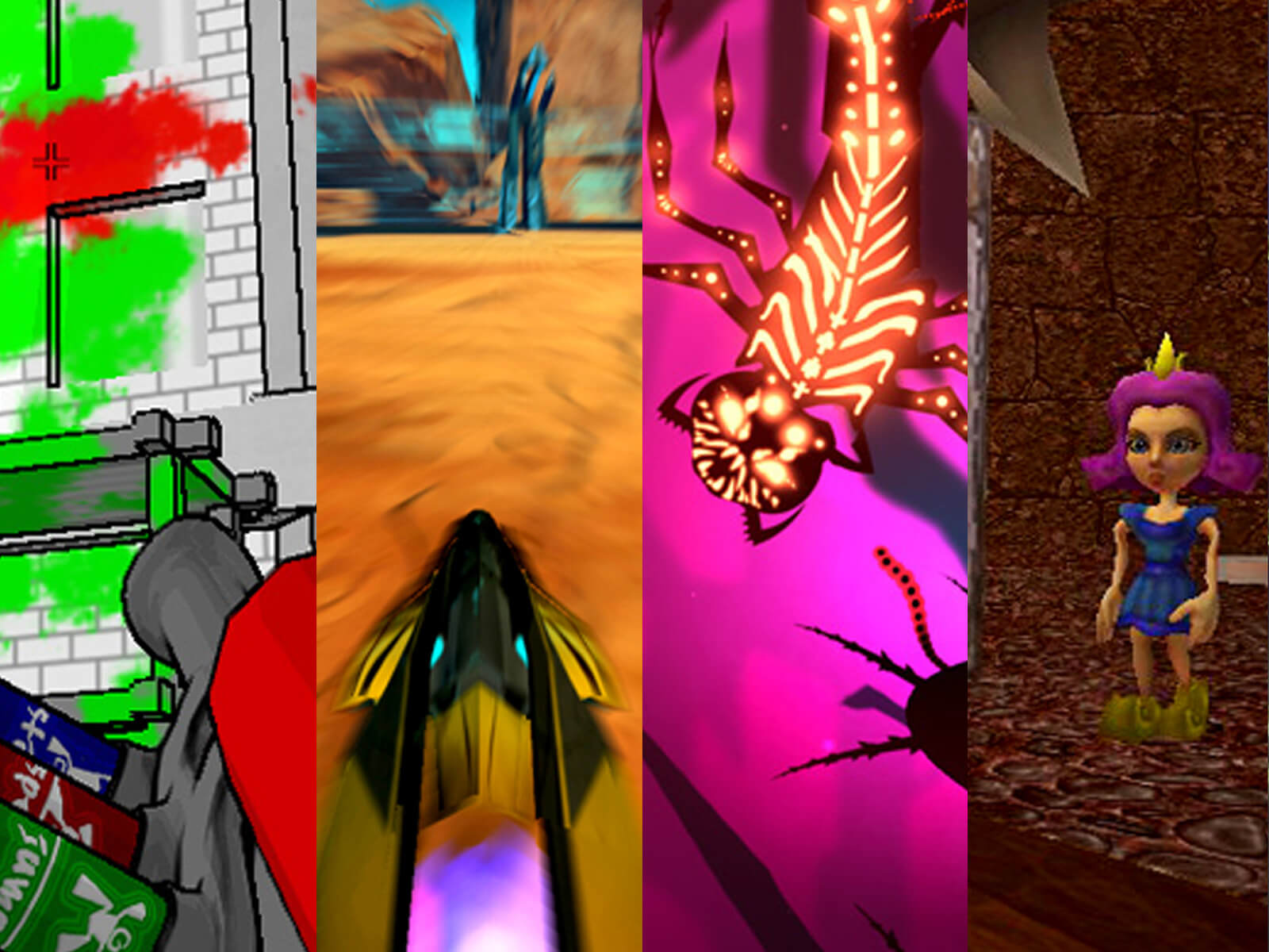 A mashup of screenshots from seven DigiPen games depicting an explosion, a hovercraft, a sea creature, a princess, and more.