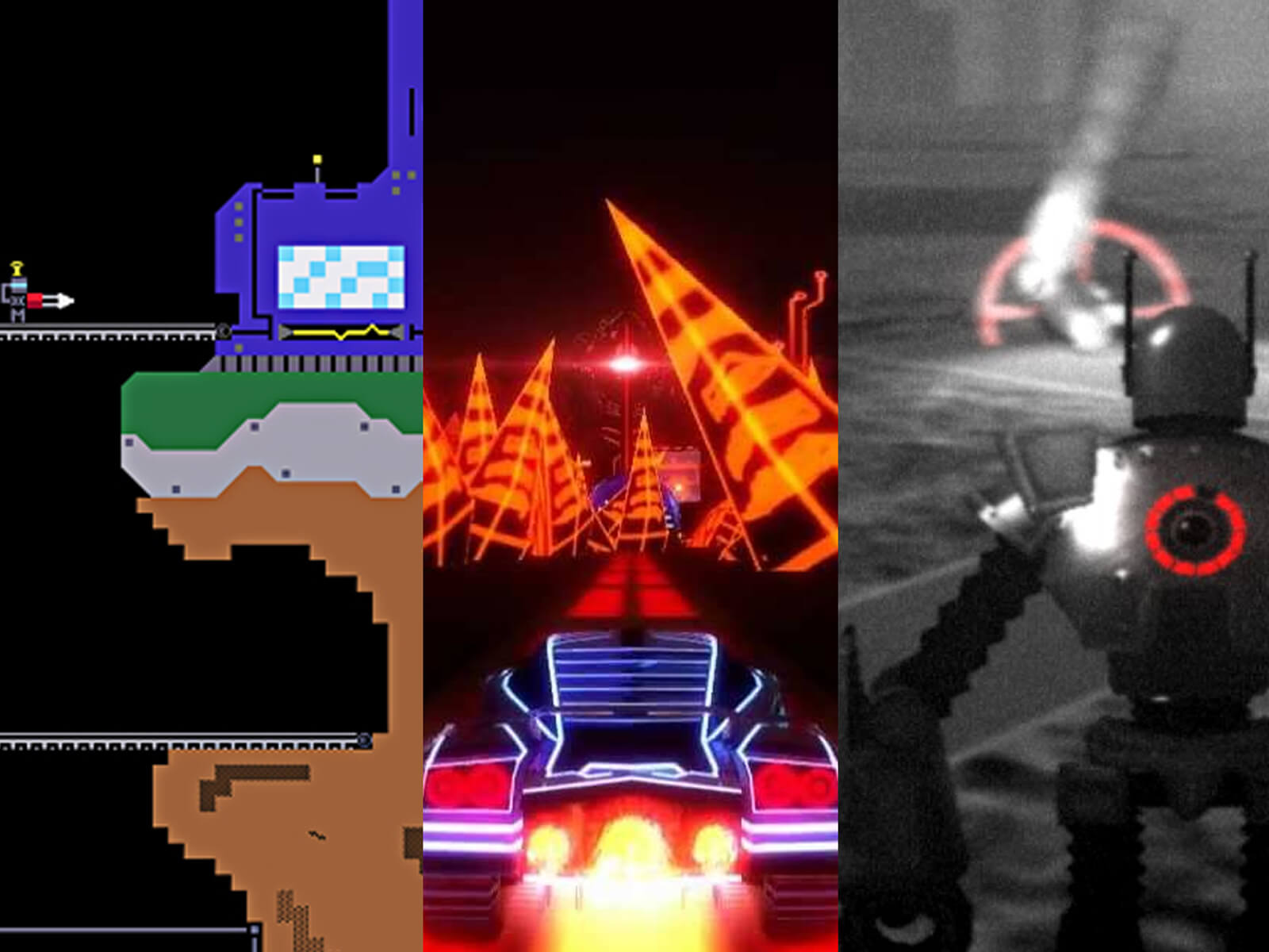 A mashup of screenshots from seven DigiPen games depicting a raindrop creature, a neon race car, a chained man, and more.