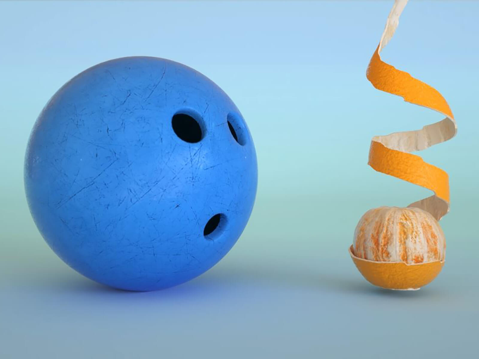CG image of a bowling ball and peeled orange by Jonathan Bourim and Christophe Bouchard.