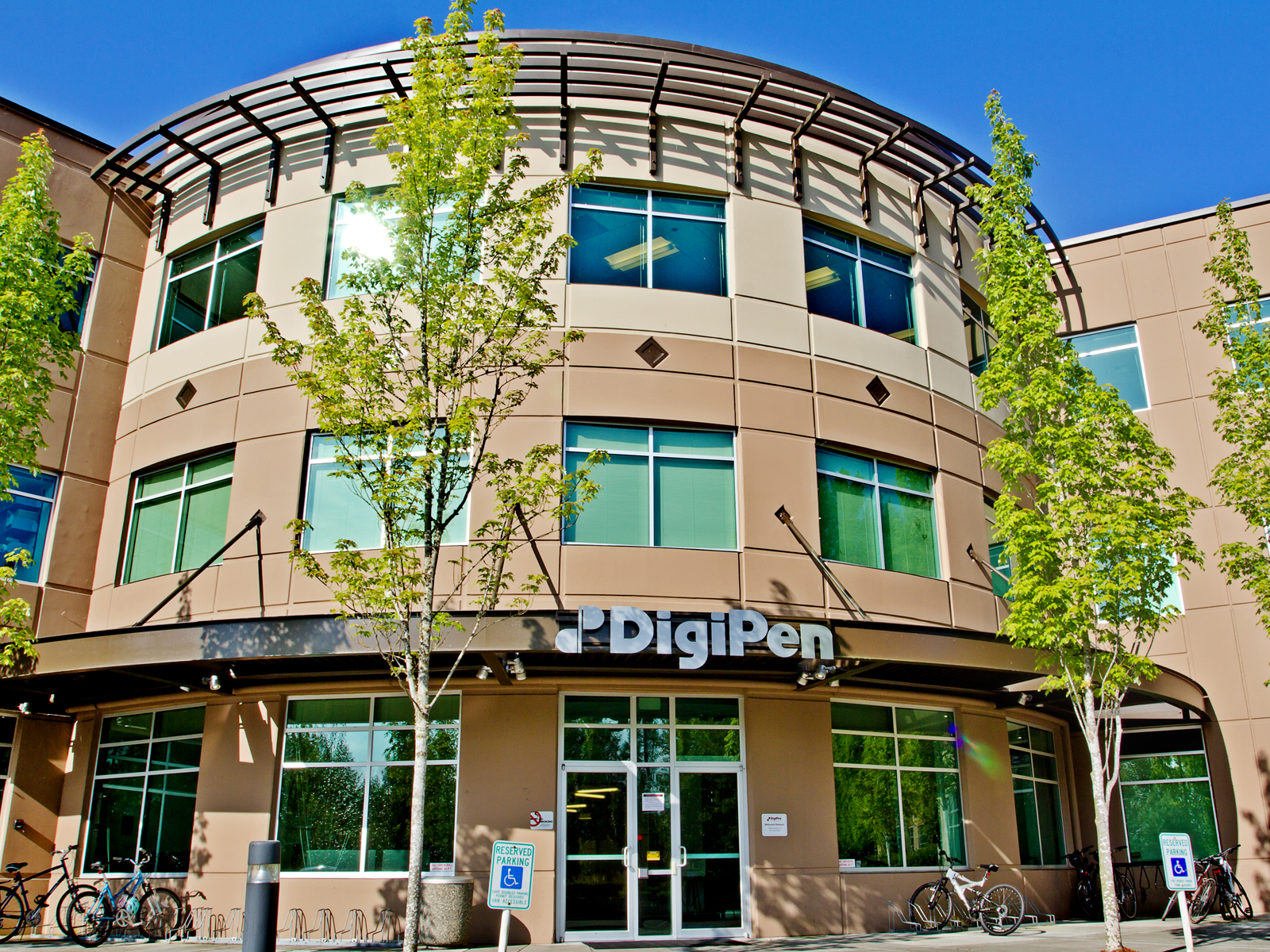 Looking up at the DigiPen building on a sunny day