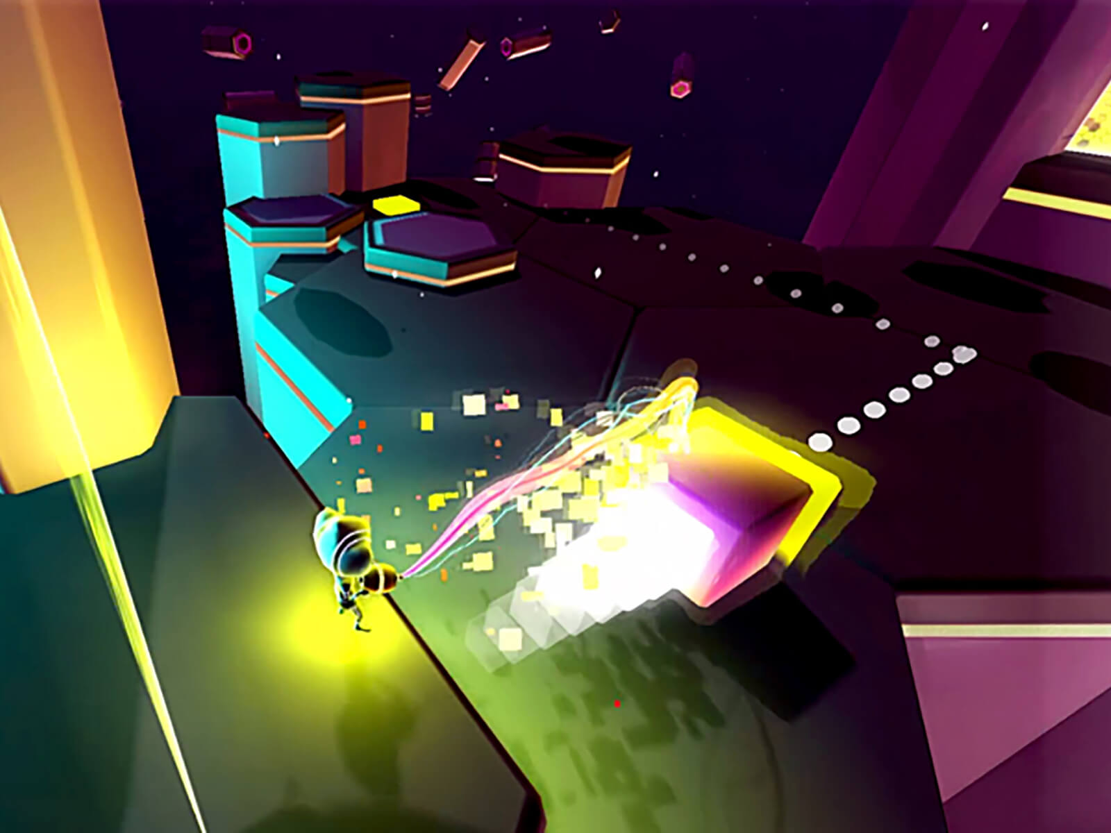 Screenshot from DigiPen (Singapore) game Chrono Disfunglement in which a helmet-clad avatar shoots particle beams at a large purple cube. 