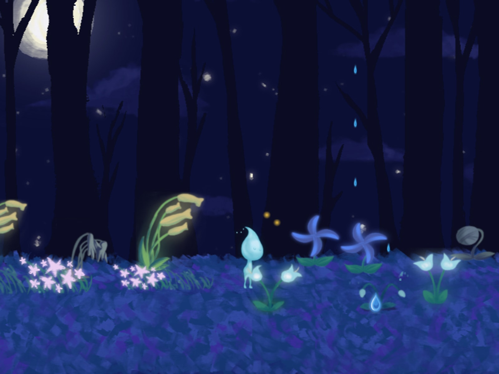 Screenshot from DigiPen student game Douse of a rain sprite with a water-droplet-shaped head with flowers in a dark forest