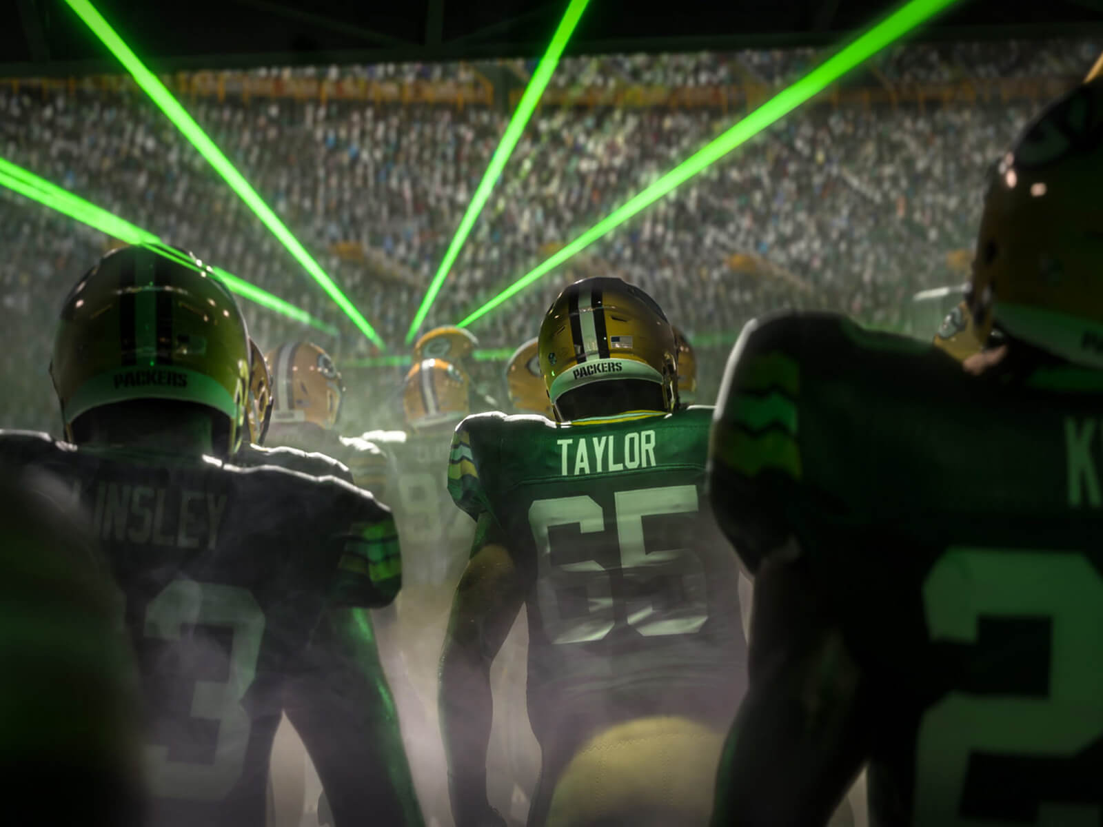 A screenshot of the Green Bay Packers exiting their locker room with lasers overhead from Madden NFL 21.