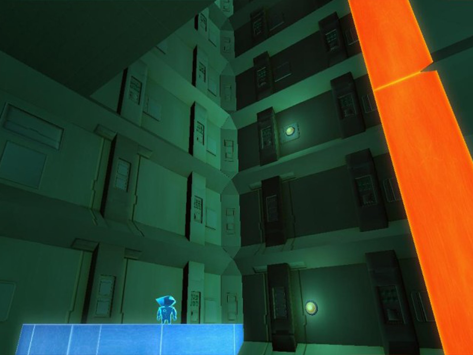 Screenshot from DigiPen student game Perspective of the main character looking up at building walls