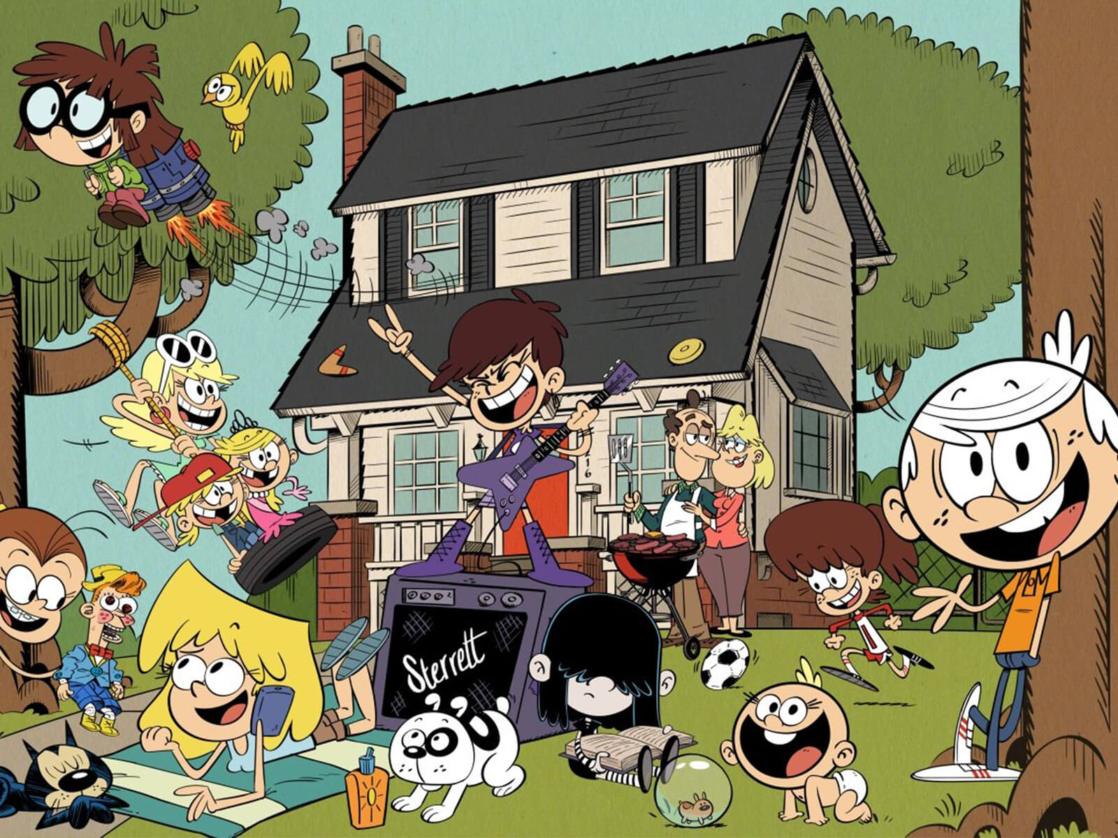 A drawing from Nickelodeon’s The Loud House depicting the chaotic Loud family on their front yard.