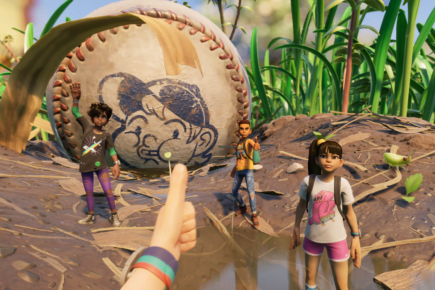 A Grounded screenshot showing the player giving the thumbs up to three tiny teens standing in front of a huge baseball.