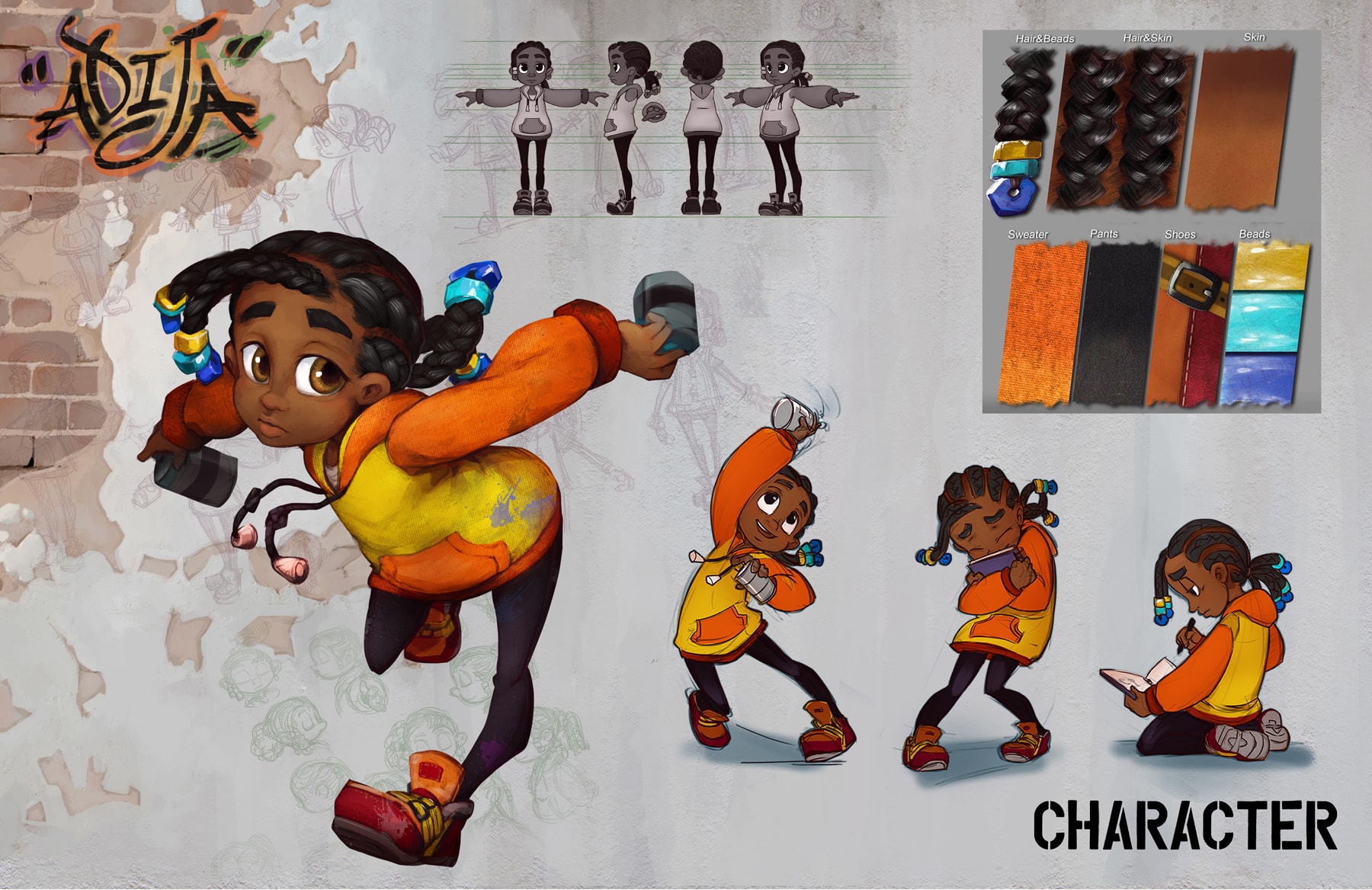 Sketches of the Adija character in various poses, and the details of her hair, skin and clothing