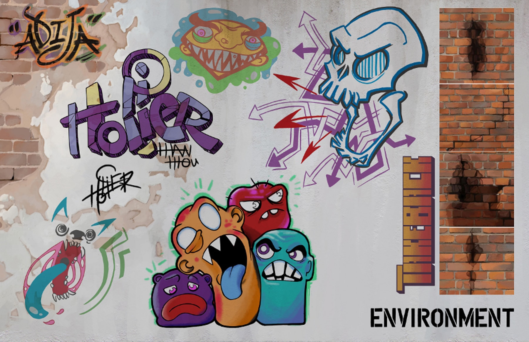 Illustration of elements of Adija's environment, including graffiti artwork and cracked brick walls