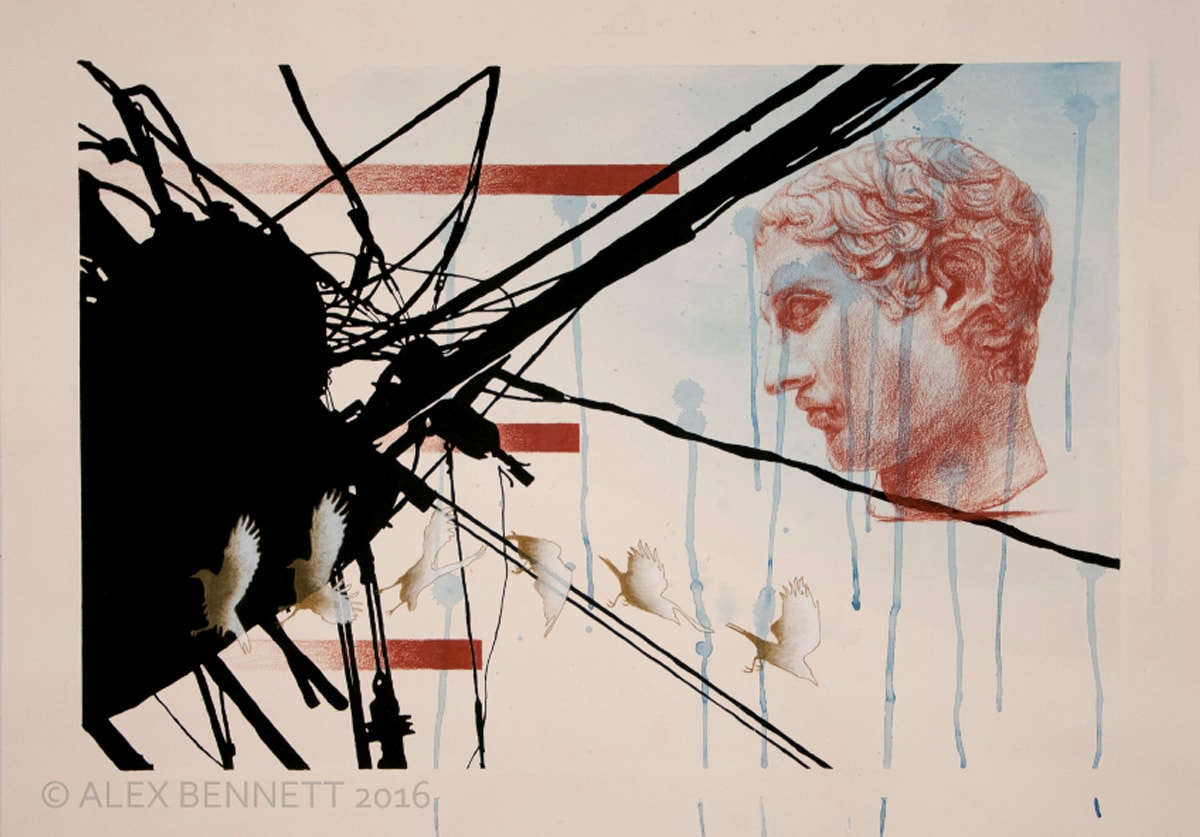 Alex Bennett's collage of wires, birds and the head of a statue