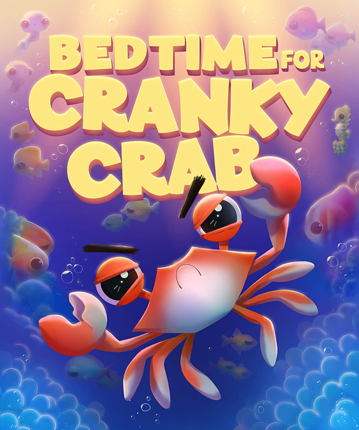 The book cover for Bedtime for Cranky Crab, showing the titular character floating sideways amid a school of fish. 