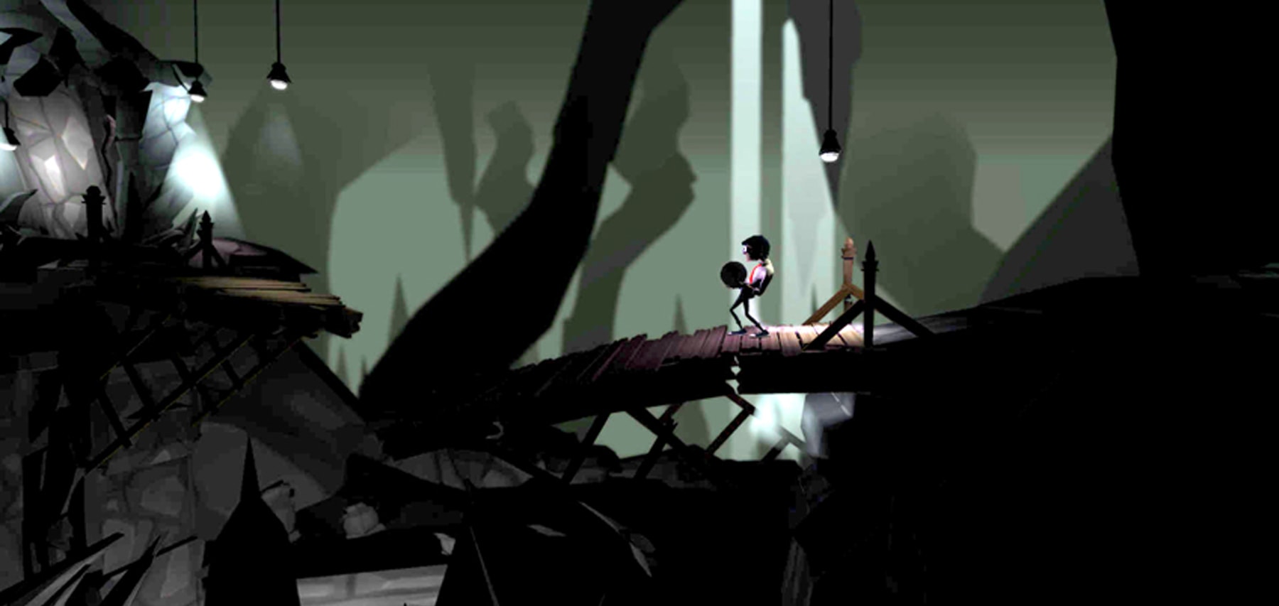Screenshot of the Chained main character walking on a wooden bridge