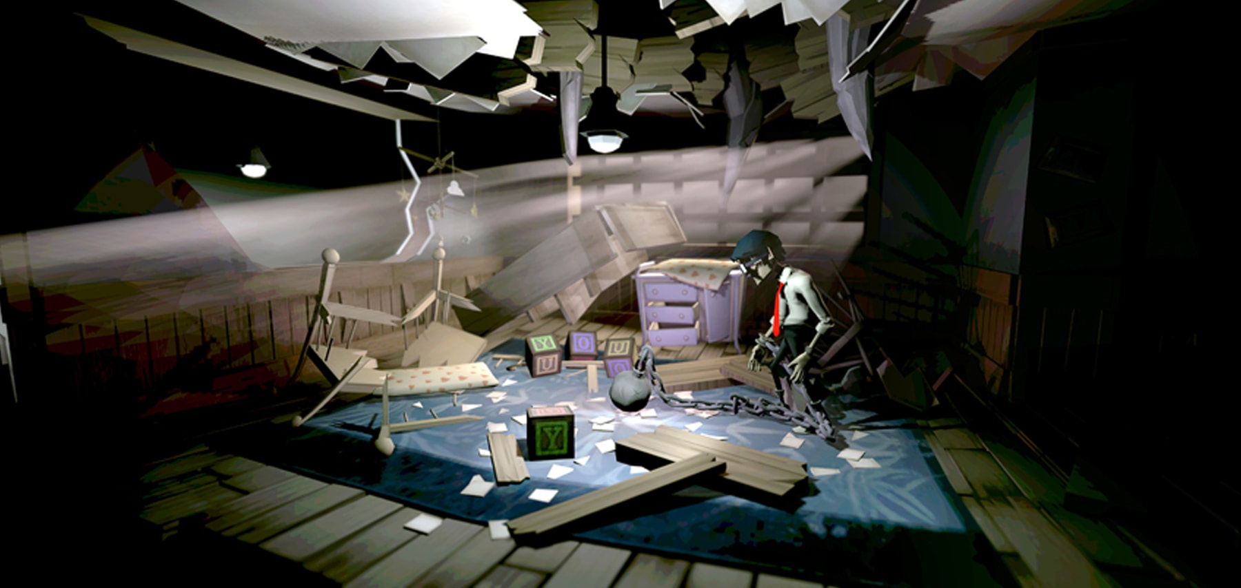 Screenshot of the Chained main character looking around a destroyed nursery