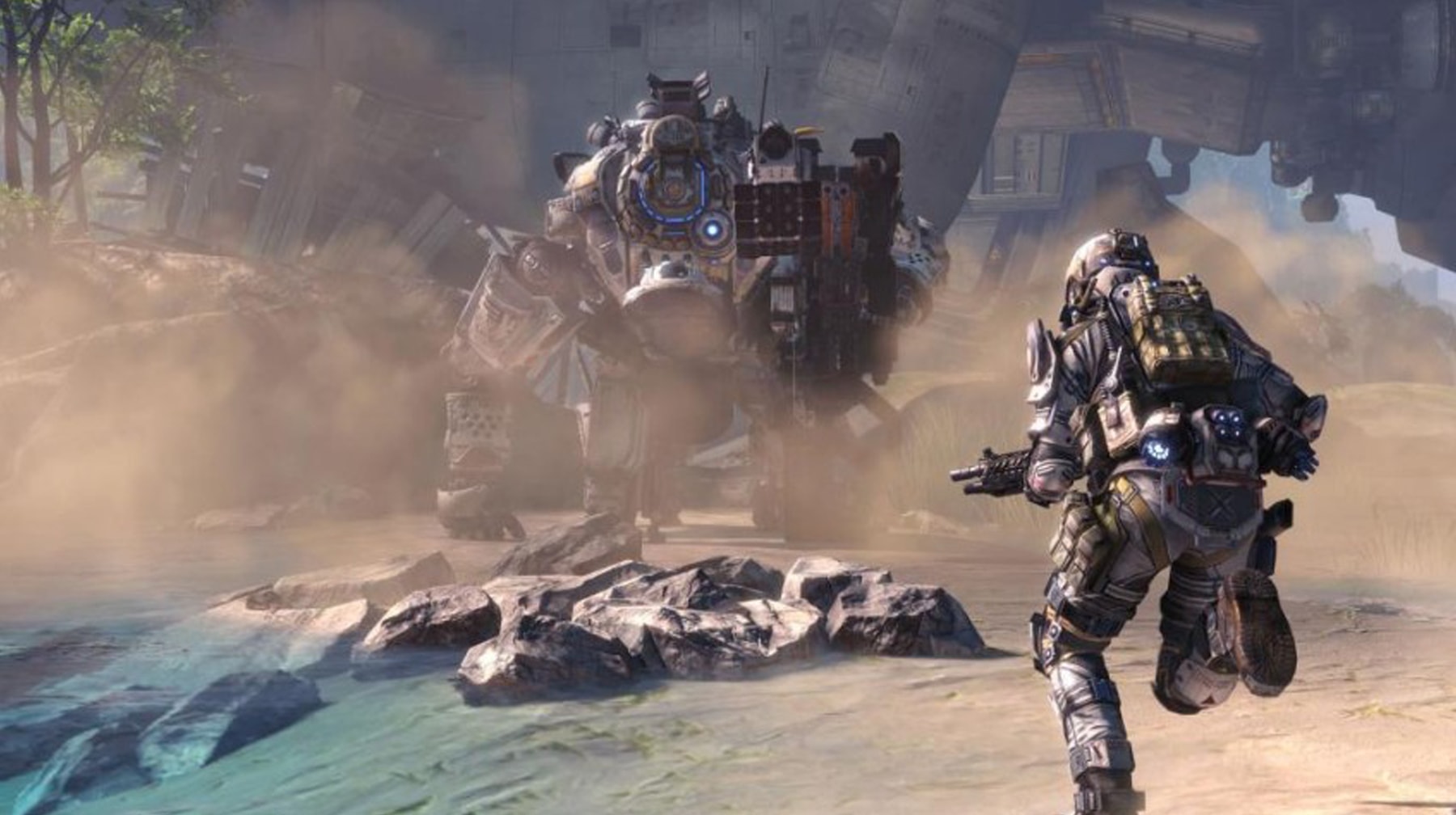Screenshot of a pilot character running toward a Titan