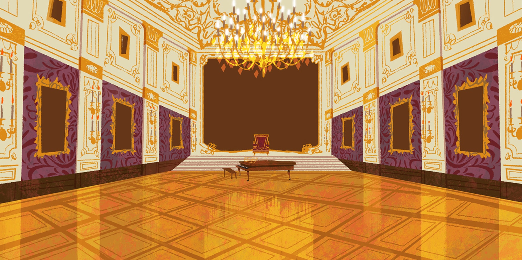 Chris Turnham's illustration of a grand concert hall, featuring polished floors, a grand piano and a large chandelier