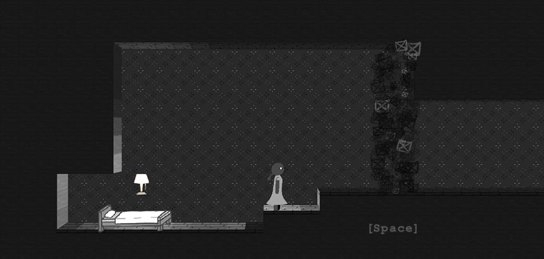 Screenshot from DigiPen student game Close Your Eyes, featuring a girl in a bedroom rendered in grayscale