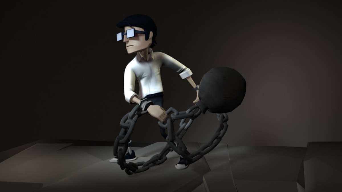 Render of Chained main character, a young man with glasses carrying a ball and chain
