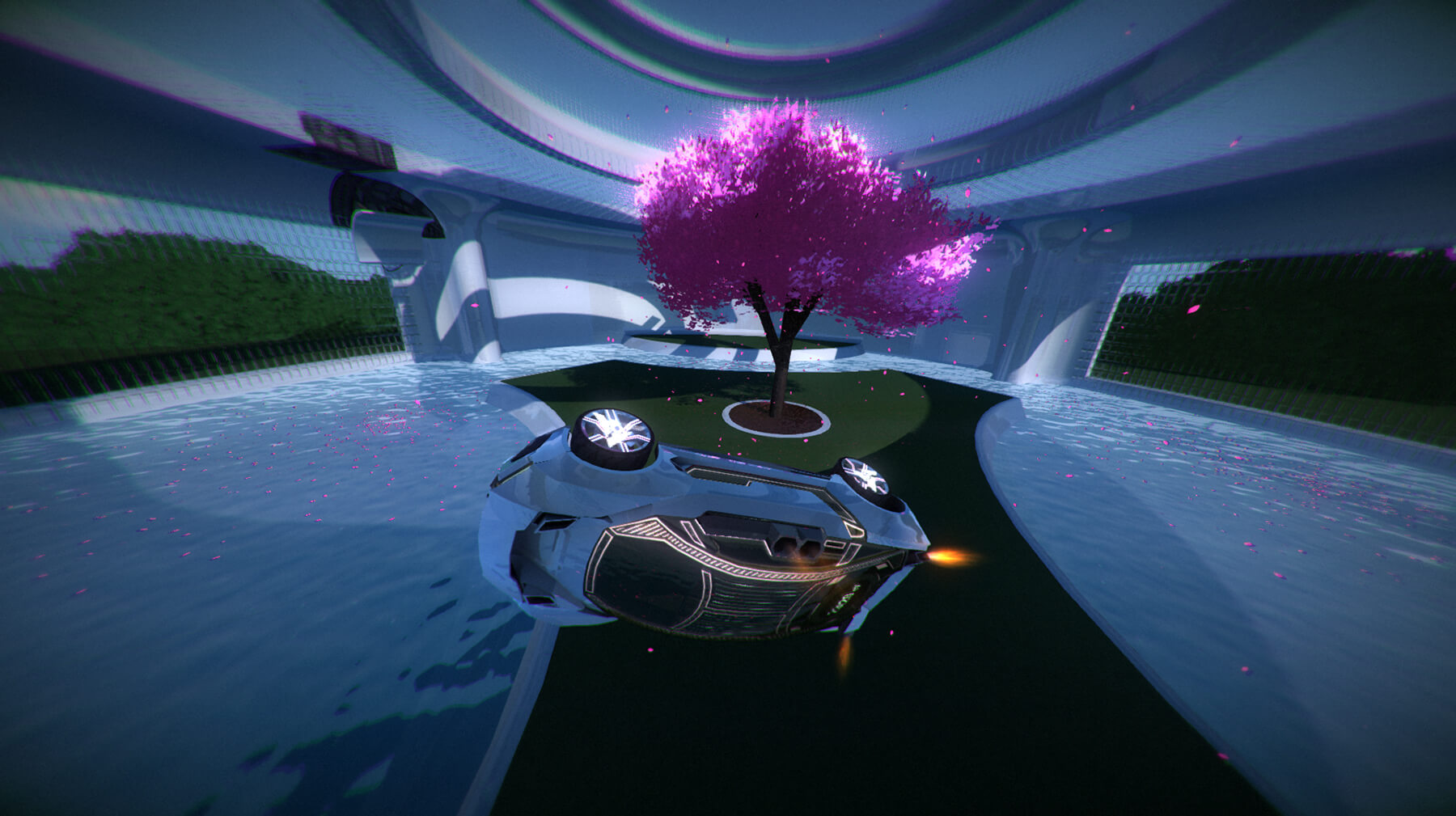Screenshot from Refract Studios' Distance v1.0 featuring a race car on its side near a cherry tree