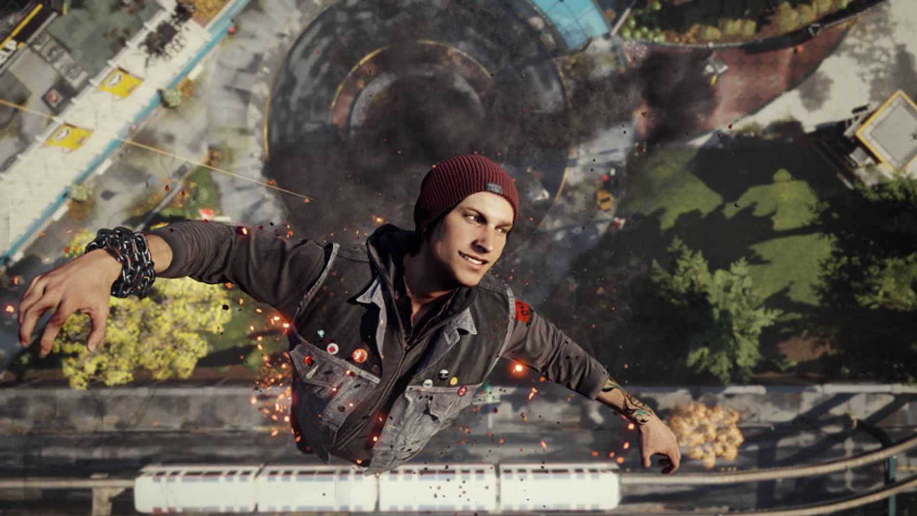 Screenshot from Infamous Second Son of main character Delsin Rowe falling from the Space Needle