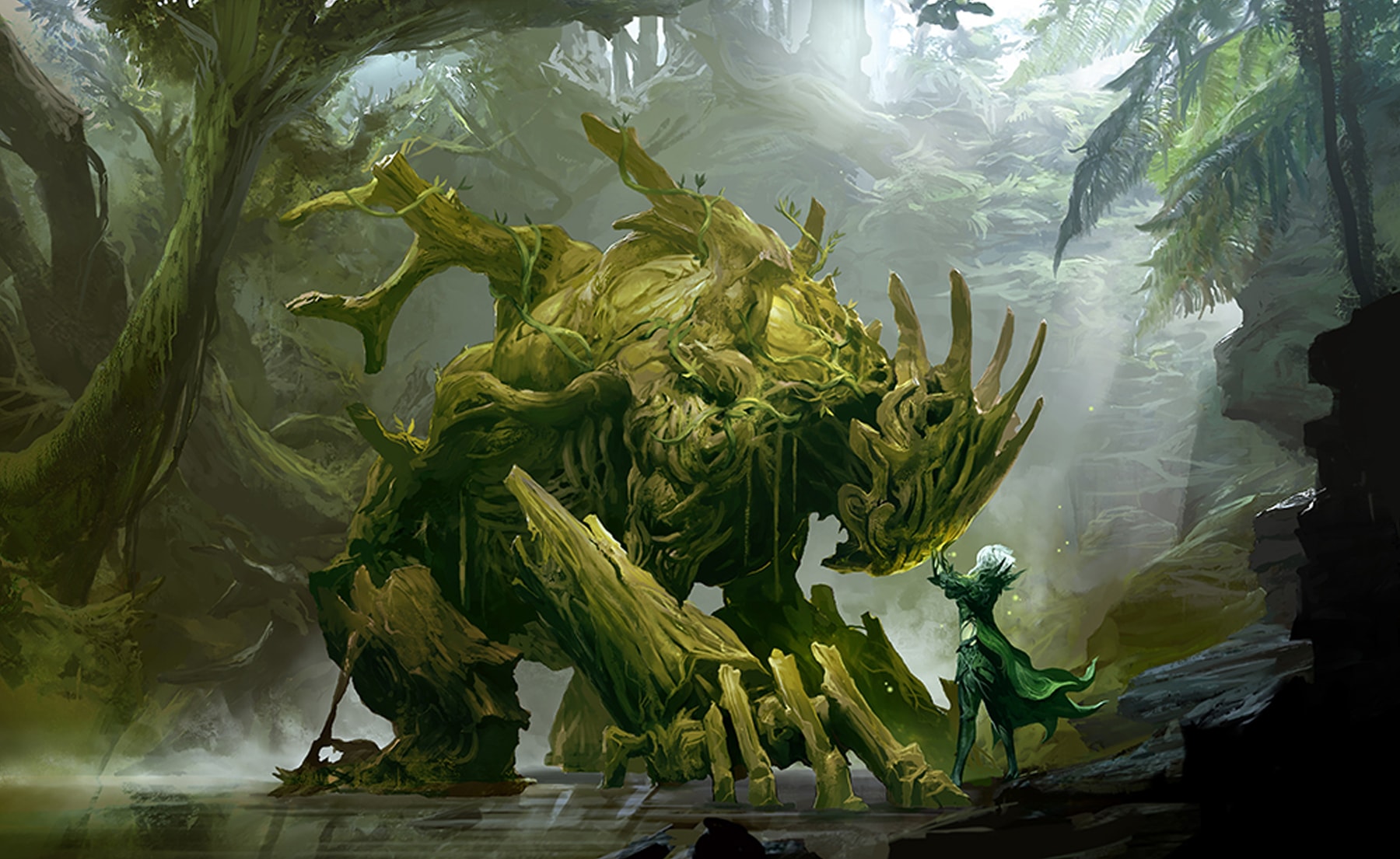 Guild Wars 2 character Caithe confronts a tree-like creature in the middle of the forest
