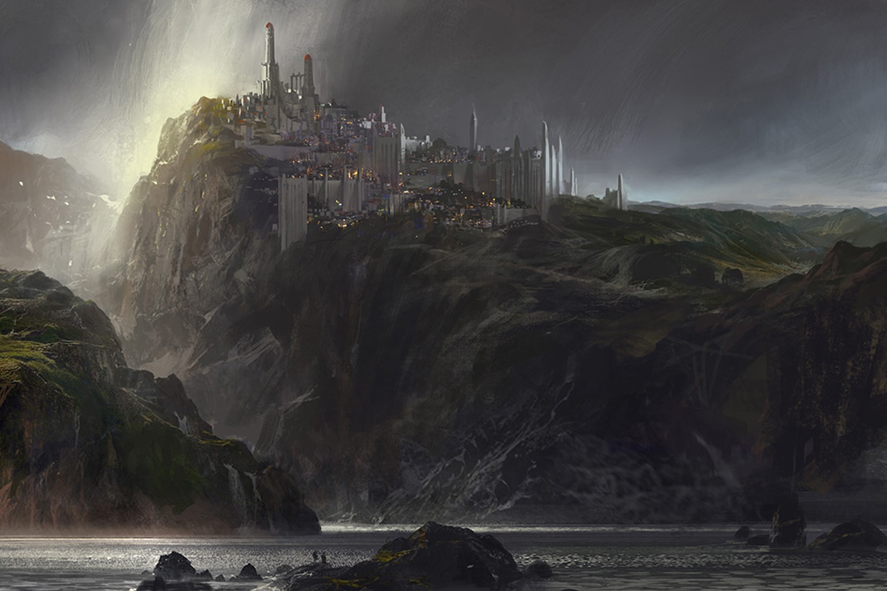 Illustration of Divinity's Reach, a city perched precariously on the edge of a cliff