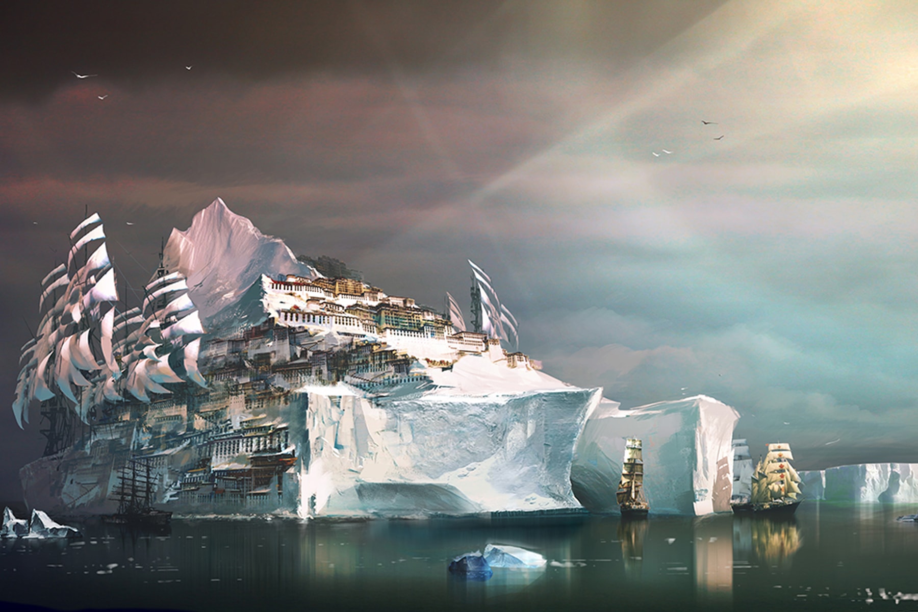 Illustration of a huge iceberg with a village built on top