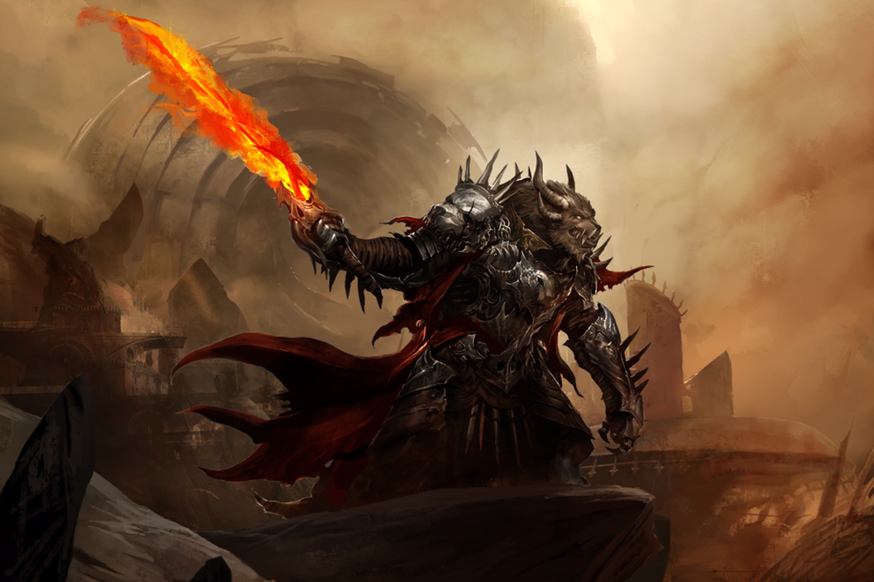 Illustration of Guild Wars 2 character Rytlock brimstone, a huge creature wielding a fiery sword amid smoking ruins