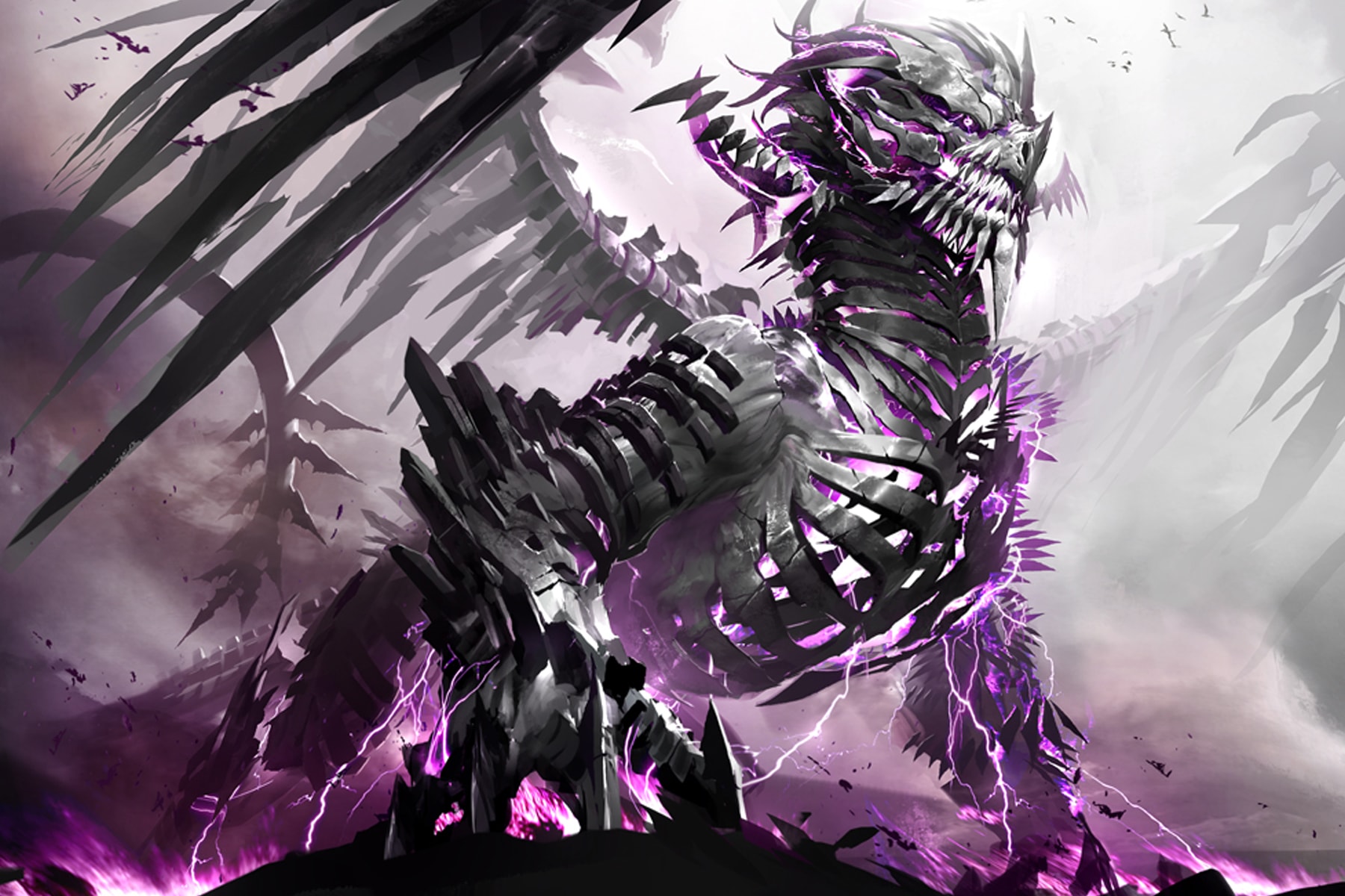 Illustration of Guild Wars 2 world boss The Shatterer, an enormous dragon generating purple lightning