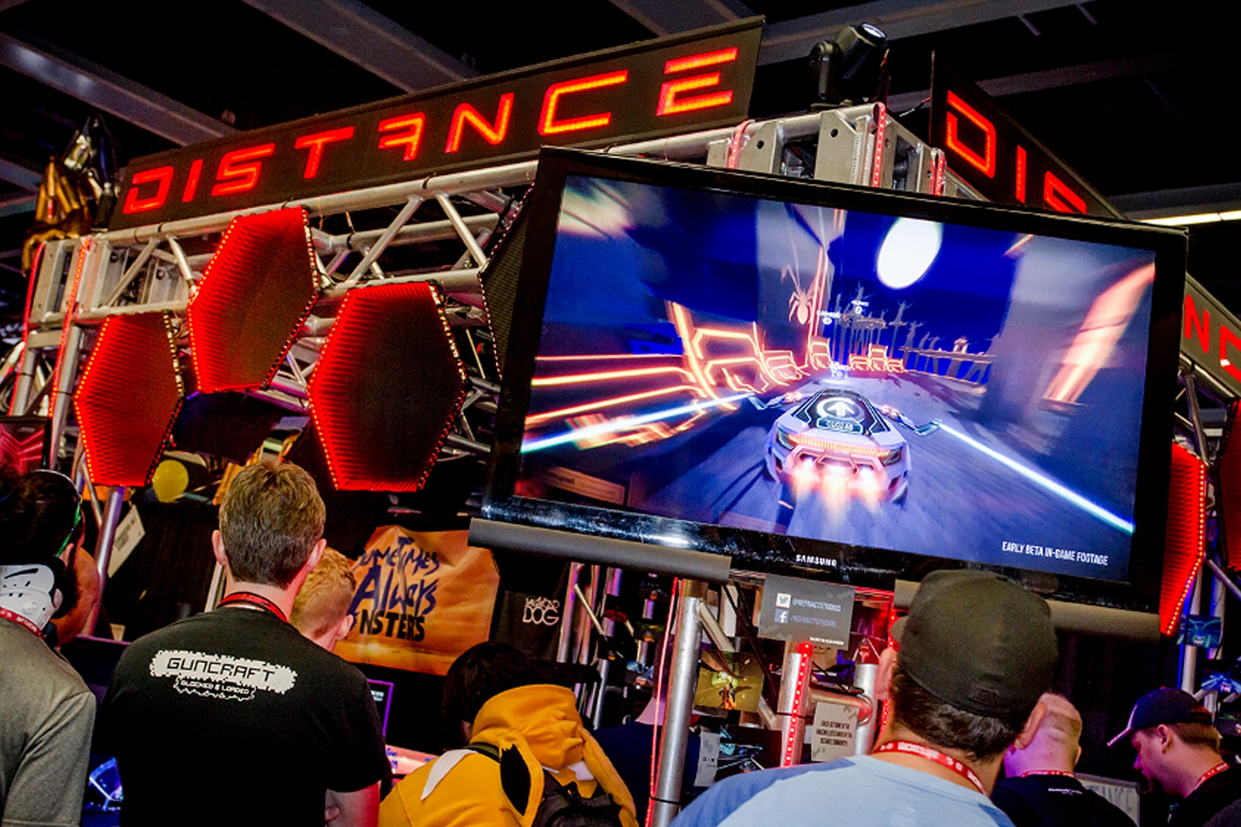 PAX attendees playing Distance at the Refract Studios booth