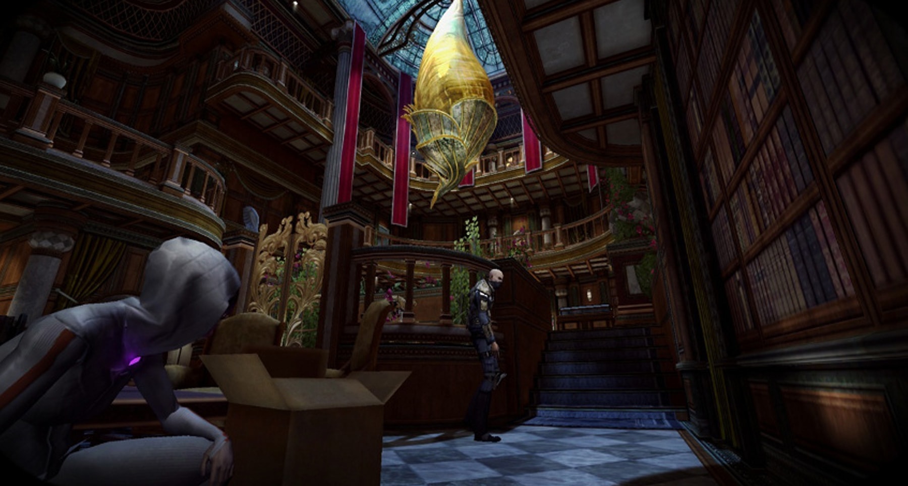 Screenshot from Republique of main character hope crouching behind boxes in a darkened chamber