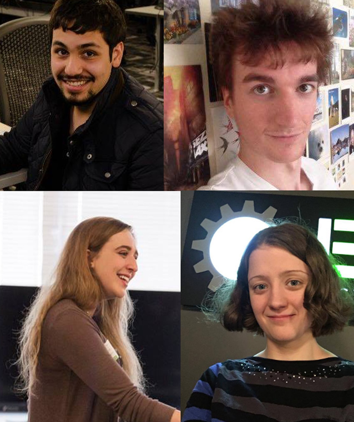 Headshot photo grid of DigiPen game design grads Javier Quintero, Thomas Ball, Lucy Tibbits, and Aviva Schecterson