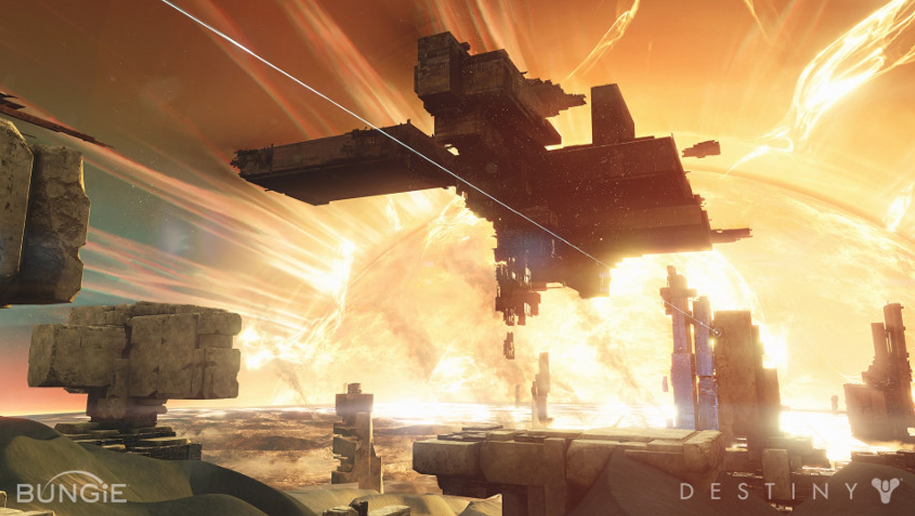 Screenshot of platforms suspended in mid-air in front of a huge ball of fire