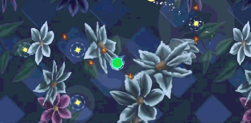 A green ball bounces among white and purple flowers