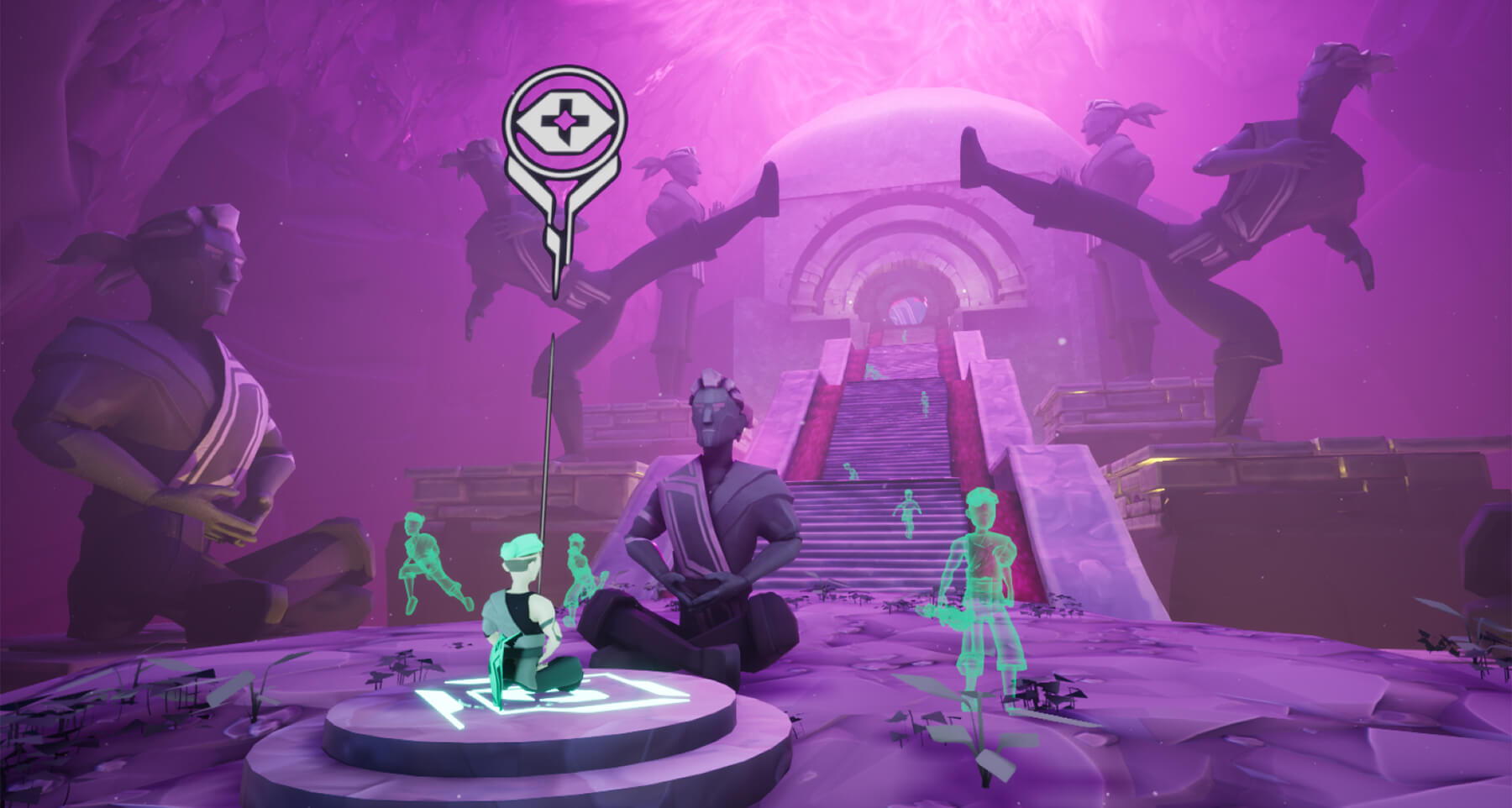 Game screenshot showing a monk meditating at the base of a stairway leading to a stone temple, surrounded by phantom figures