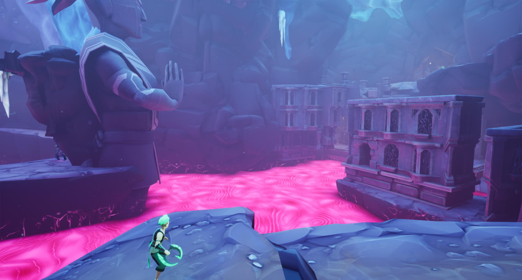 Game screenshot showing a monk protagonist standing amidst underground ruins